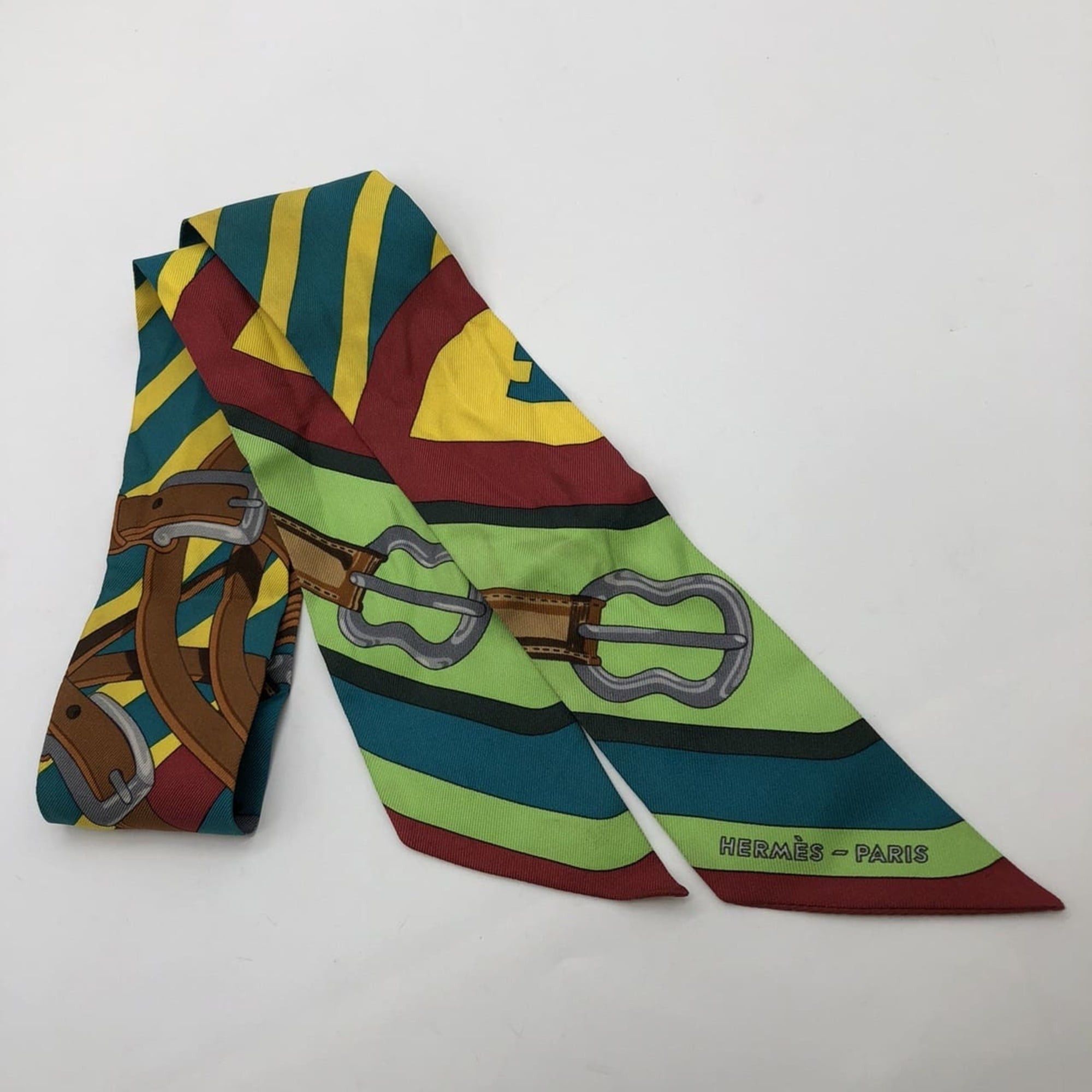 Hermes Twilly Belt Motif Scarf Muffler Wine Red Brown Multicolor Silk Women\'s Hermes Hermes Stole Reversible Scarf Silk Angora Wine Red  main image 4