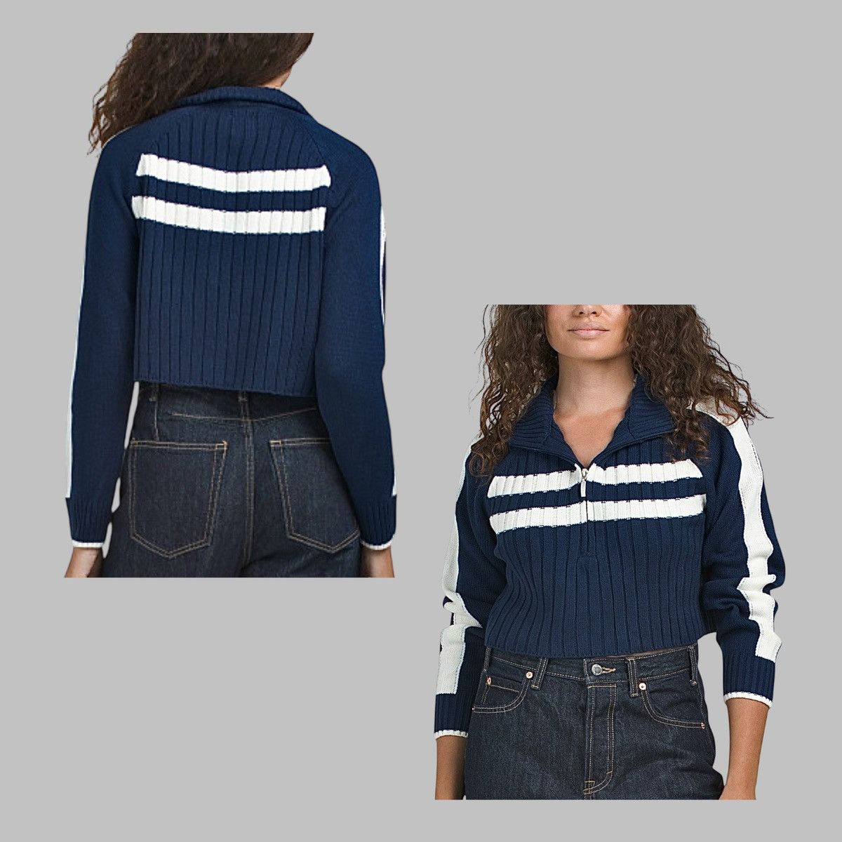 Other Cotton Emporium Women’s Blue White Zip Up Crop Sweater Sz M Size M / US 6-8 / IT 42-44 - 5 Thumbnail