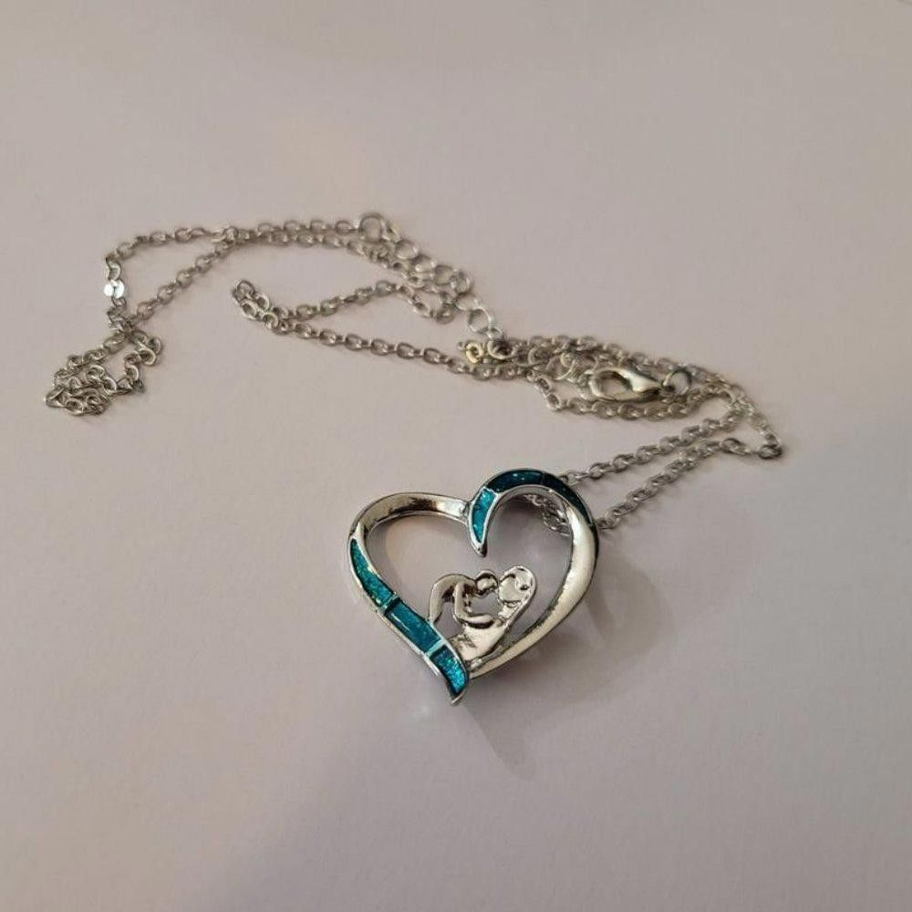 Designer Selfless Mom Love Baby Heart Pendant Blue Opal Necklace Size ONE SIZE - 5 Thumbnail
