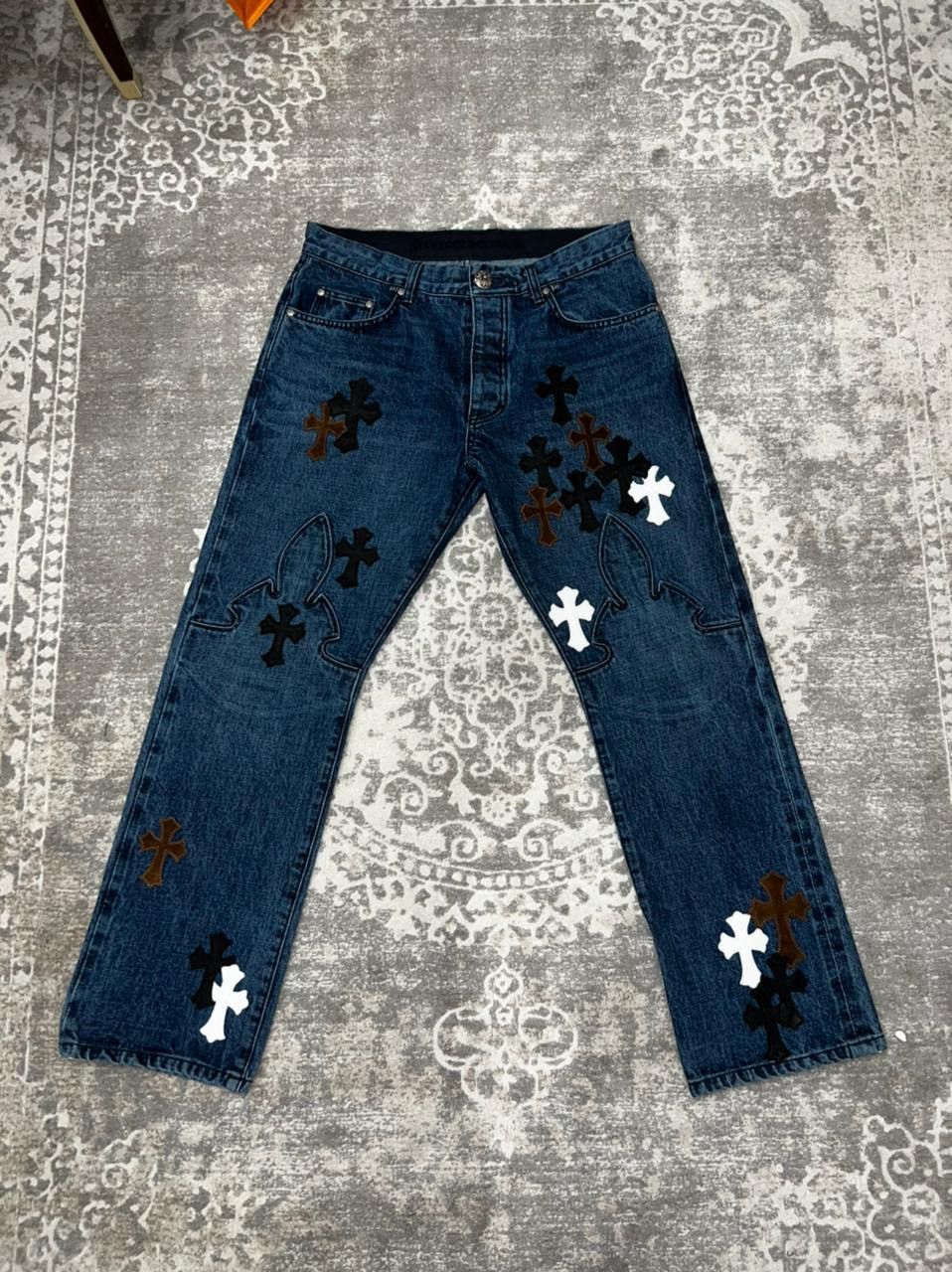 Image of Chrome Hearts Chrome Hears Fleur Knee Cross Patch Jeans Size 34 in Bleu, Men's