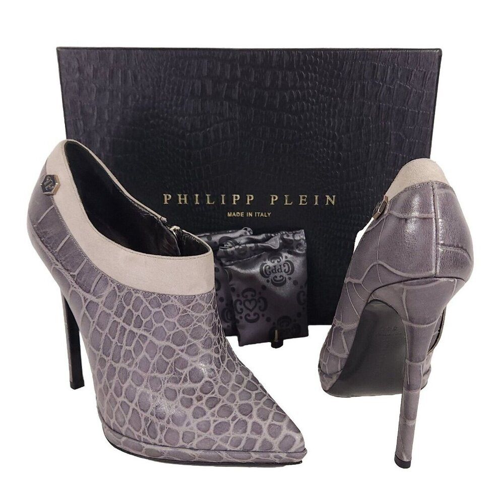 image of Philipp Plein Goldjunge Reptilia Croc Bootie Heel Shoes 36.5 6 in Grey, Women's