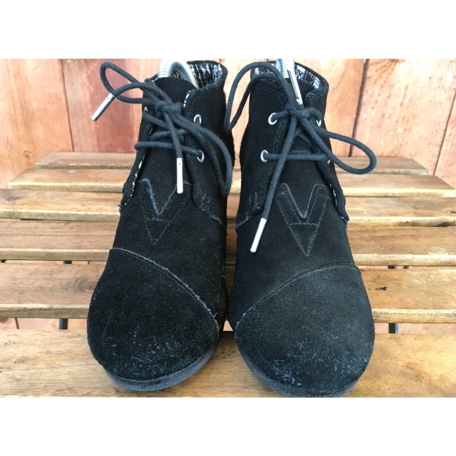 Toms TOMS Black Suede Lace Wedge Booties Womens Size 8 US 8 Ankle Boot Shaft High Heel 3 in. EUR 38.5 UK 6 Style 380515 Size US 6 / IT 36 - 6 Thumbnail