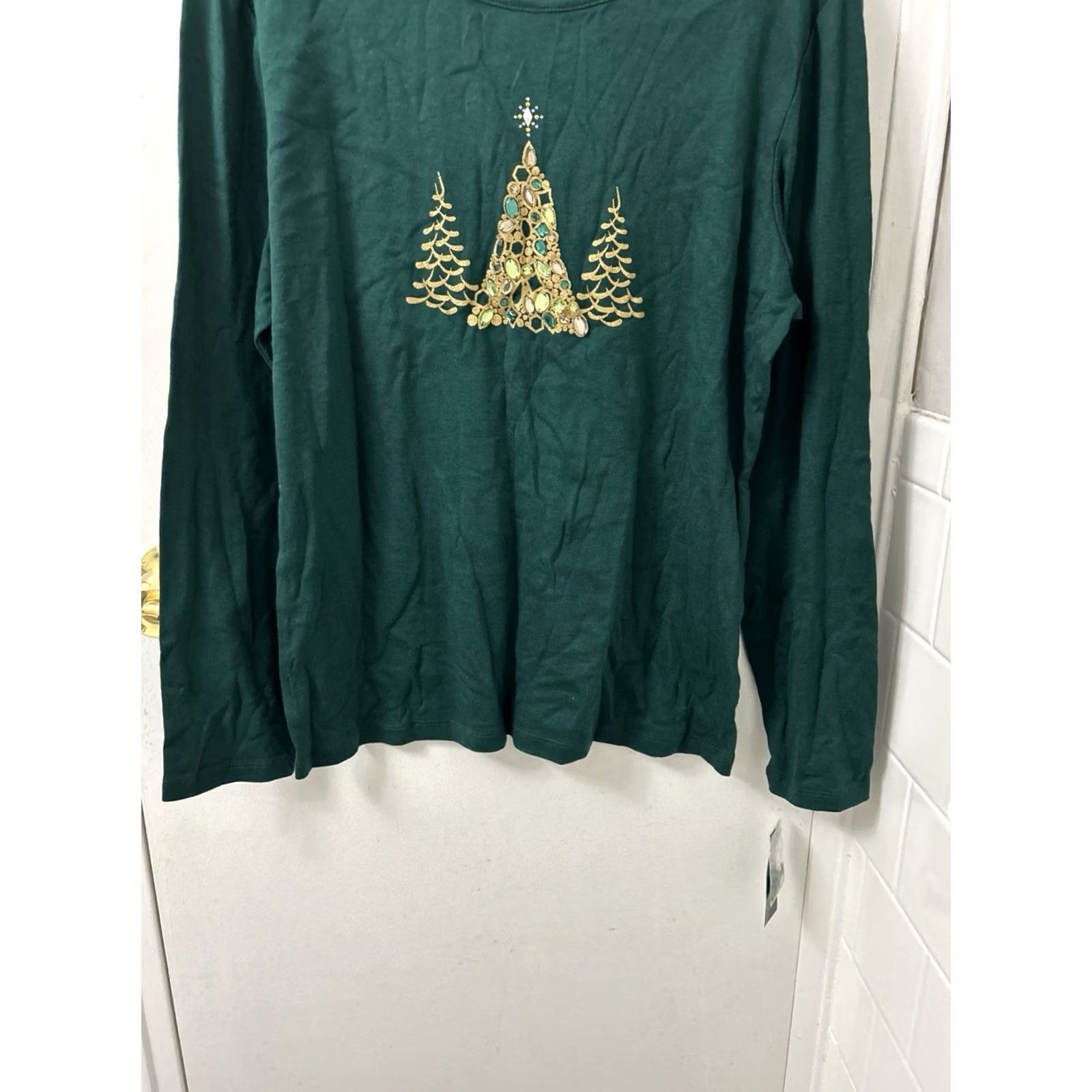 Vintage Karen Scott Womens L Green Christmas Tree Rhinestone Long Sleeve Shirt NWT Size L / US 10 / IT 46 - 3 Thumbnail
