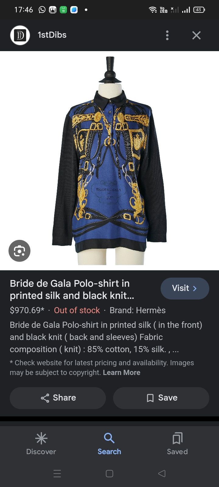 Bride de Gala Polo-shirt in printed silk & black knit Hermès