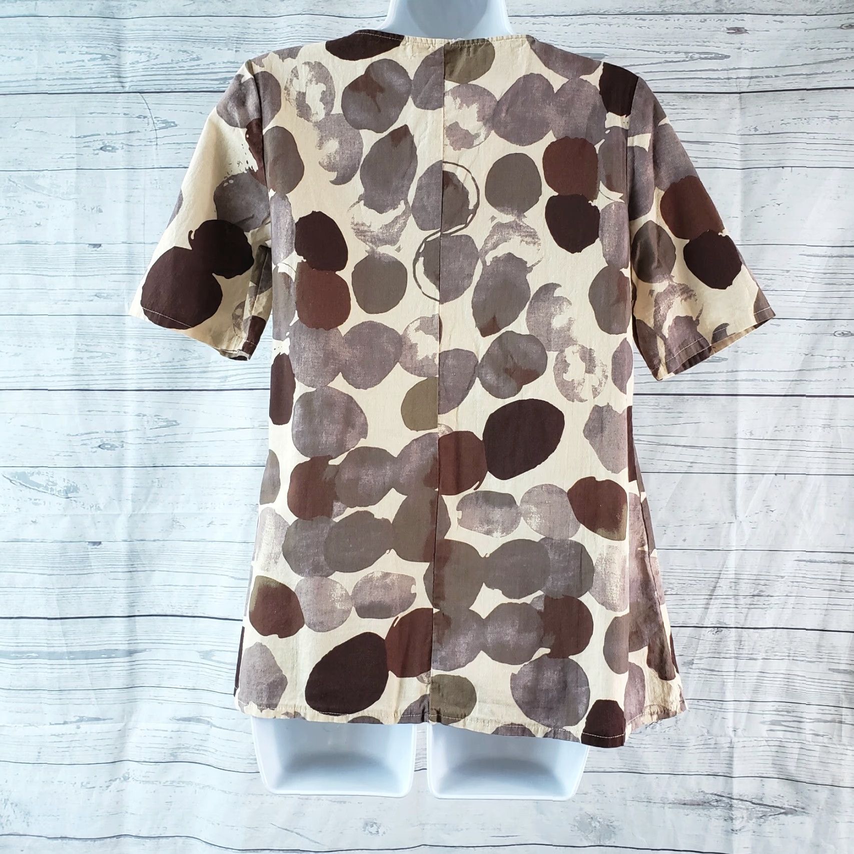 Vintage Cellabie Womens Top XS Brown Beige Short Sleeve Pleated Cotton Blend Blouse Size XS / US 0-2 / IT 36-38 - 4 Thumbnail