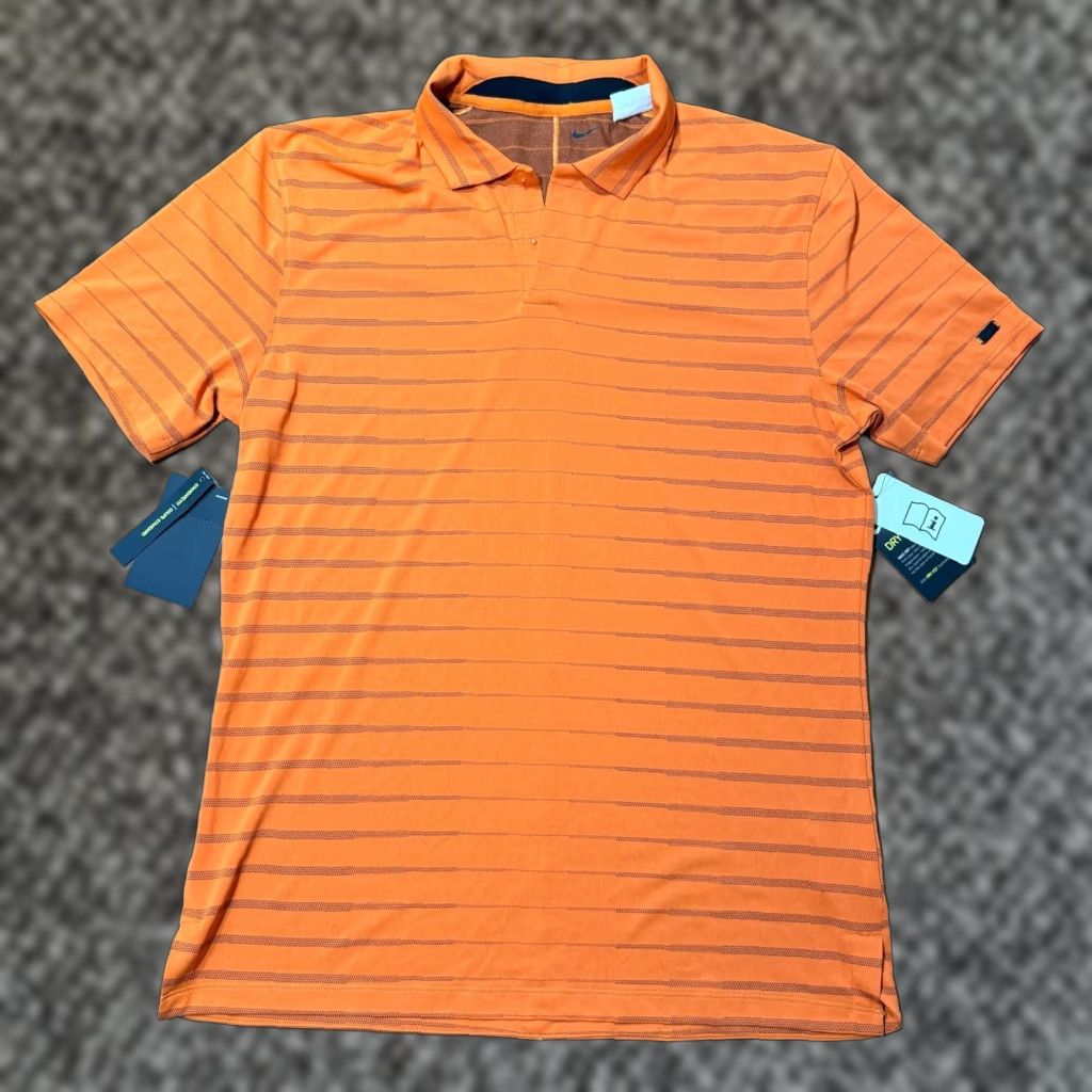 Tiger Woods Polo Shirt Striped Orange Short Sleeve Adult Large L Men Athletic Collared Logo 29in Shirt Length 43in Chest