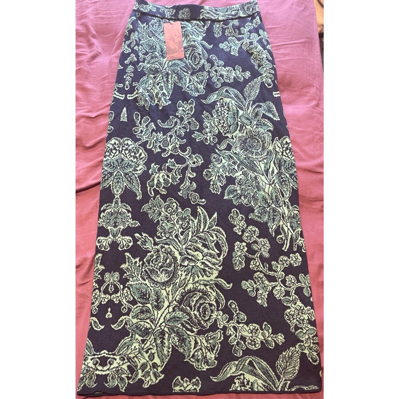 Vintage VINTAGE Peruvian Connection Women’s Skirt XS Midi Floral Knit Pima Cotton Jade Blue Green 90s Size 26" / US 2 / IT 38 - 3 Thumbnail