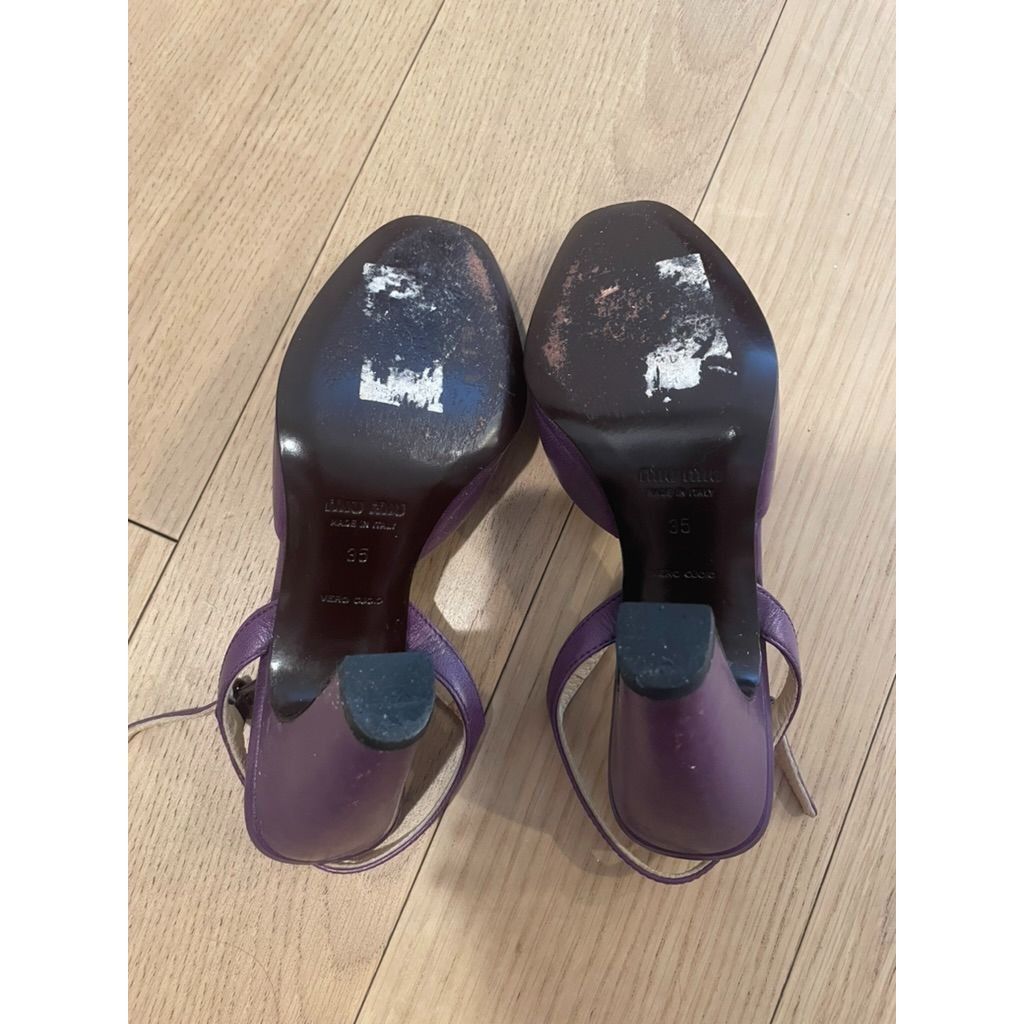 Miu Miu Miu Miu Purple Leather Peep-Toe Sandals With Beige Bow Detai Size US 5 / IT 35 - 6 Thumbnail