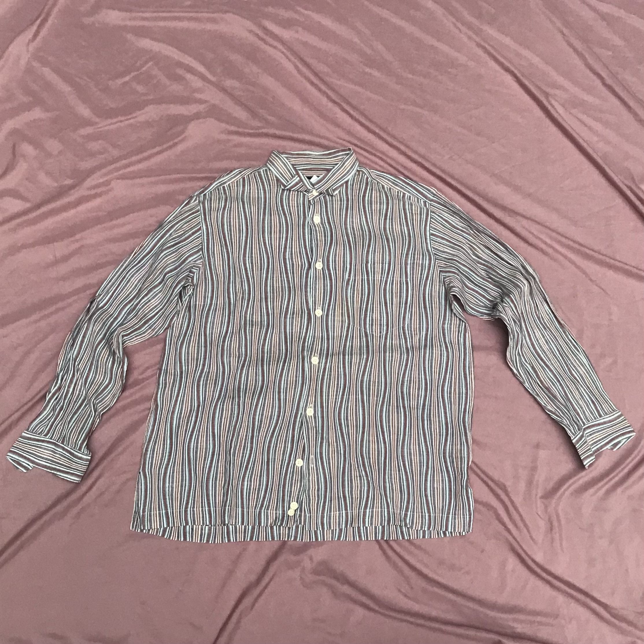 Issey Miyake ISSEY MIYAKE, LINEN BUTTON UP, wavy stripes pattern Size US XL / EU 56 / 4 - 2 Thumbnail