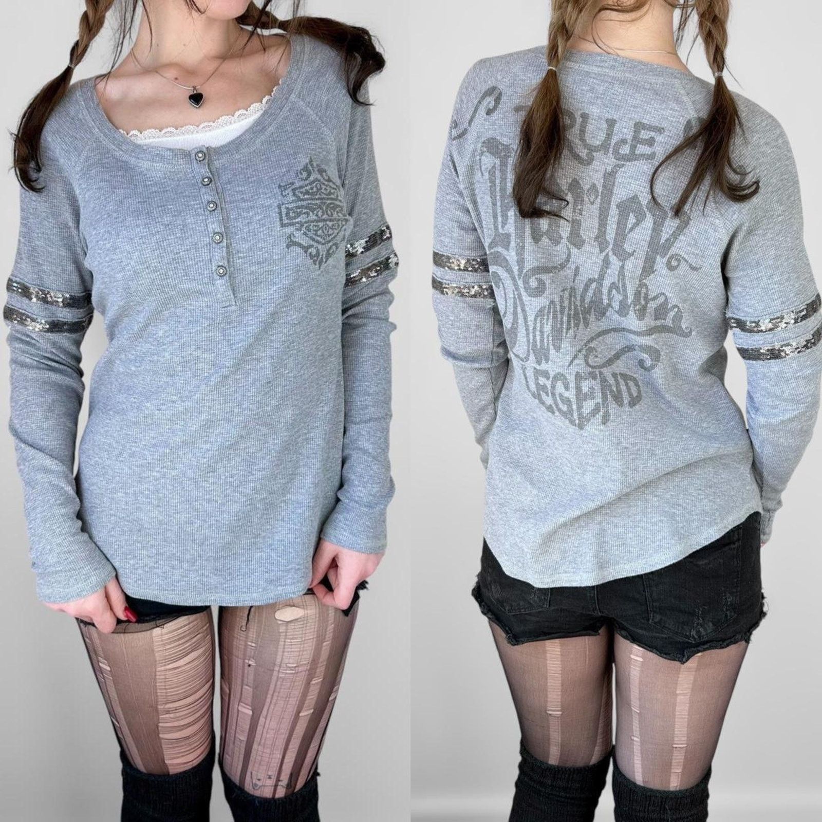 Harley Davidson y2k waffle knit harley biker henley top Size L / US 10 / IT 46 - 1 Thumbnail