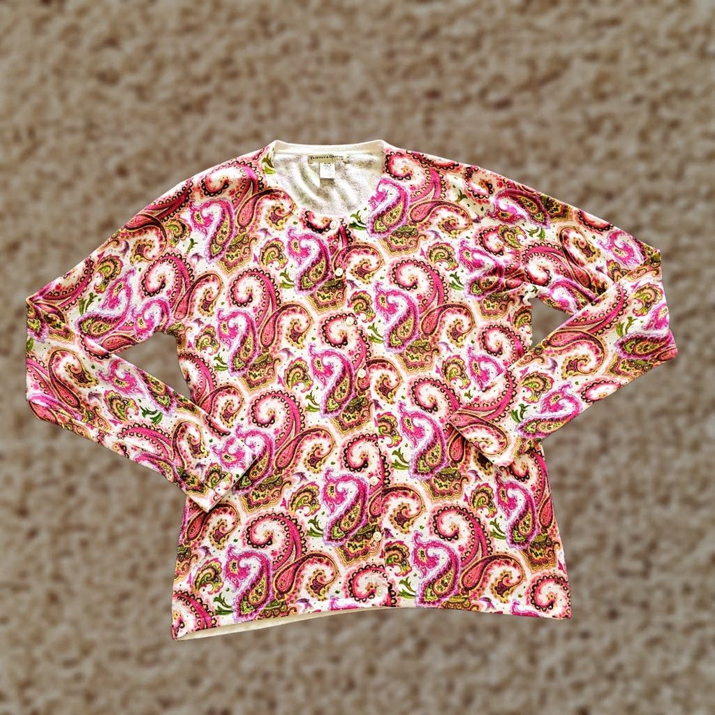 Pinko Fairway & Greene Cardigan Womens M Pink Paisley Long Sleeve Round Neck Career Cardigan Size M / US 6-8 / IT 42-44 - 1 Thumbnail
