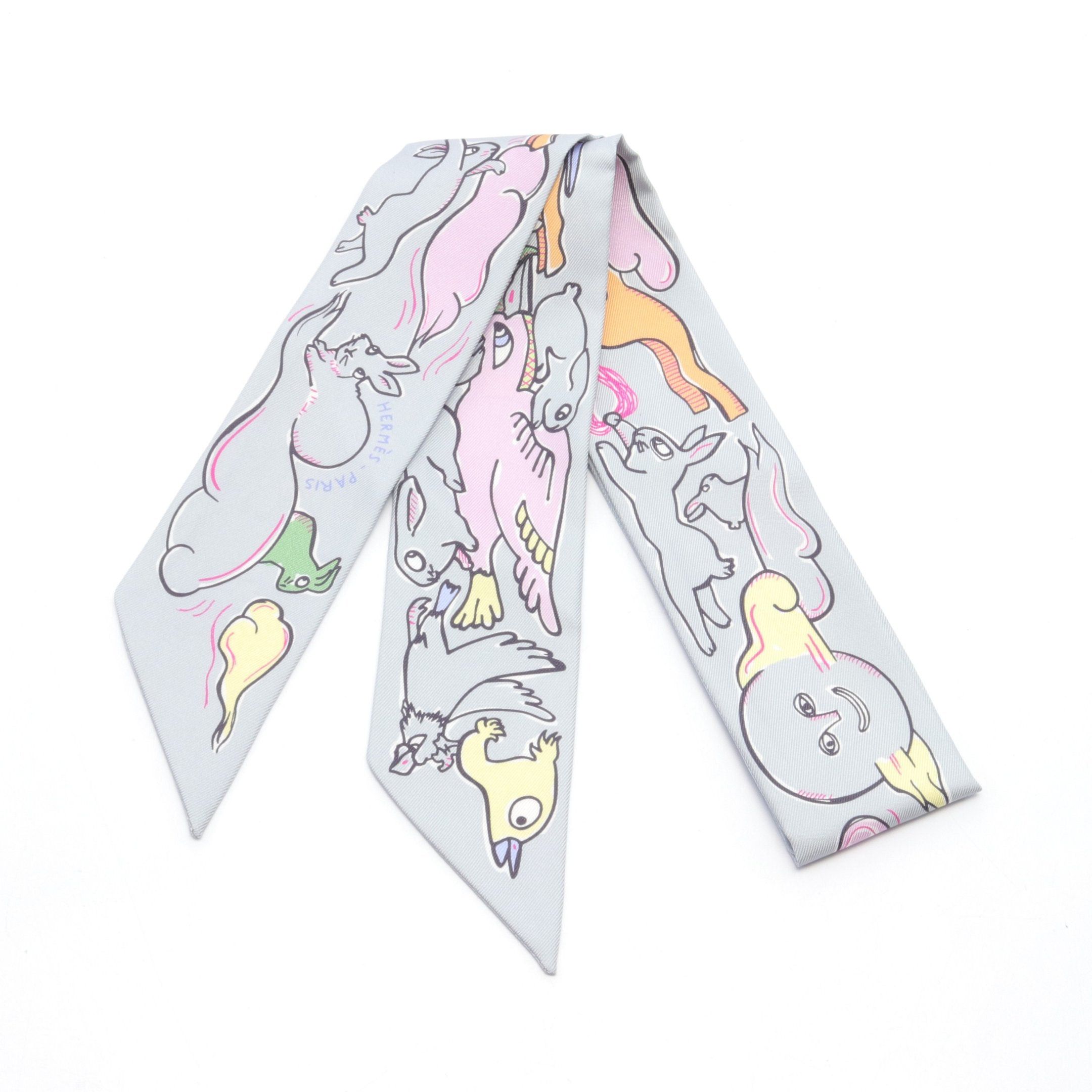 image of Hermes Twilly Mille Et Un Lapins Ribbon Scarf Silk Gray Multicolor, Women's