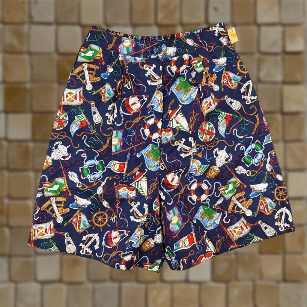 Vintage VINTAGE 80s High Waist Nautical AOP Boat Women's Medium Paperbag Shorts Cotton Summer Casual Mens Size 32" / US 10 / IT 46 - 1 Thumbnail