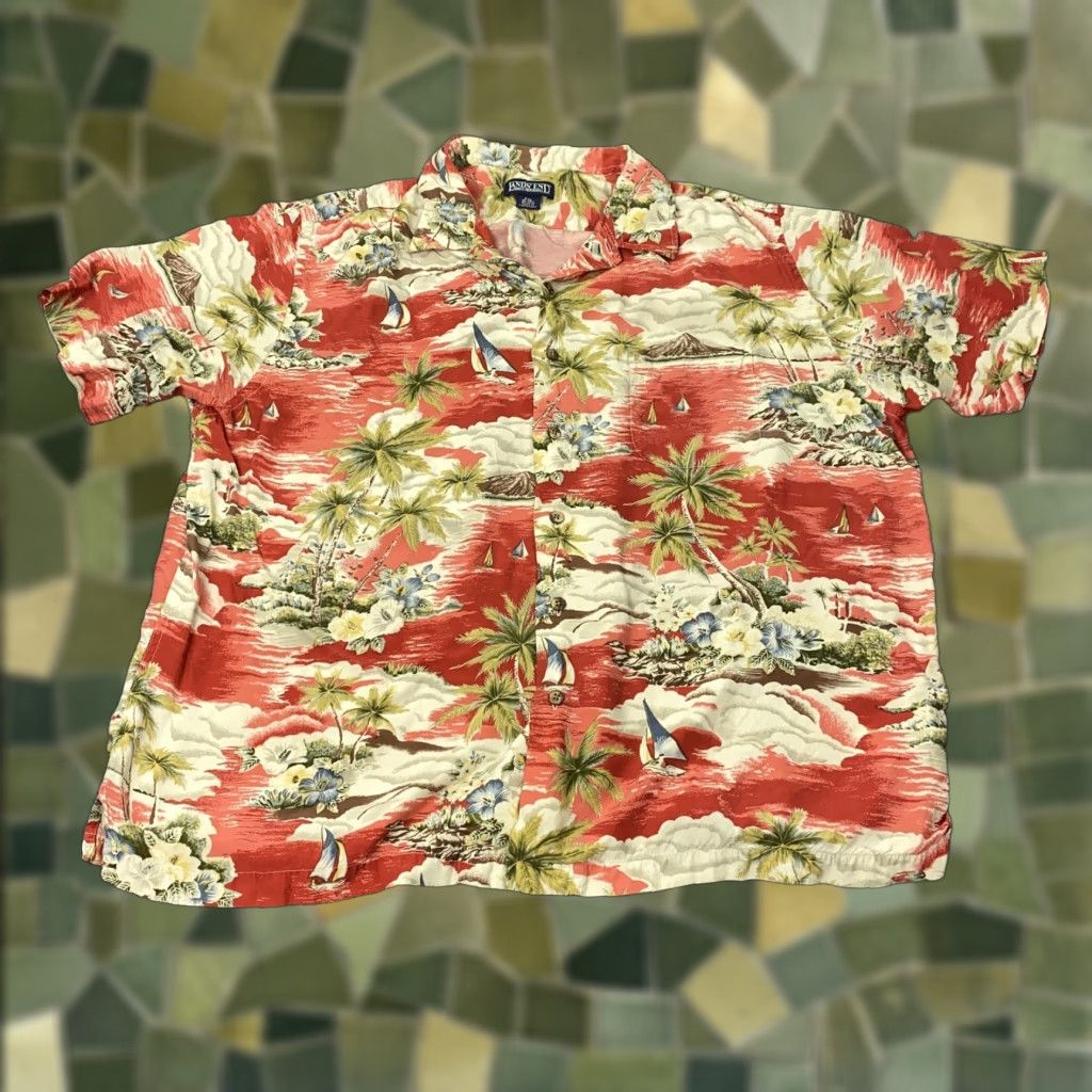 Lands' End VINTAGE Lands' End Shirt Men 2XL Red Hawaiian Rayon Floral Sailboat Aloha Vacation Pocket Mens Size US XXL / EU 58 / 5 - 1 Thumbnail