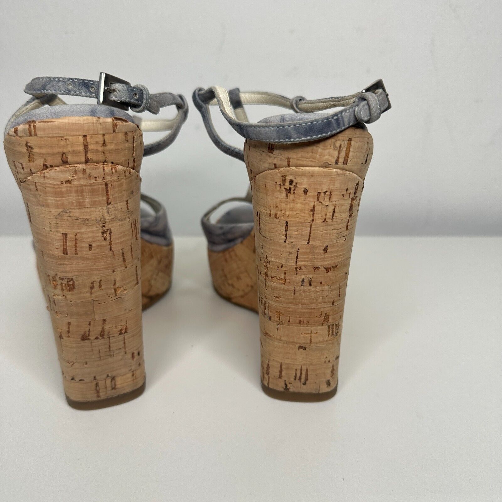 Prada Prada Blue Suede Tan Cork Wedge Sandals Ankle Espadrilles 38 Size US 8 / IT 38 - 5 Thumbnail
