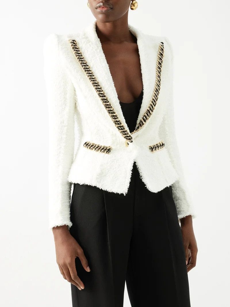 Balmain o1s1wg110825 Single Breasted Tweed Blazer in White Size S / US 4 / IT 40 - 5 Thumbnail