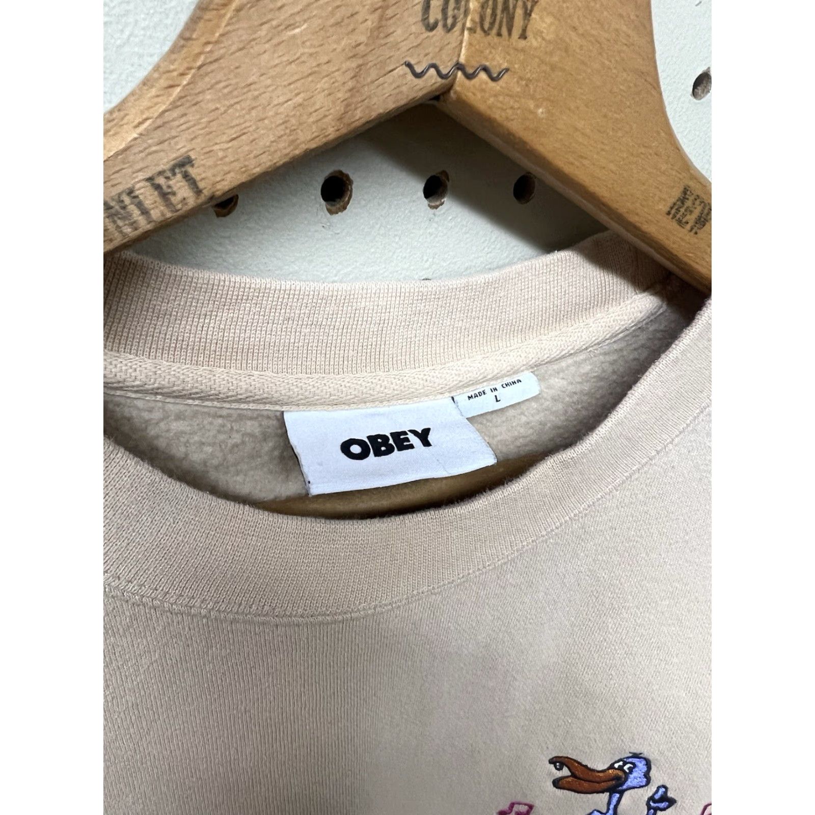 Obey OBEY Large Crew Neck Long Sleeve Sweatshirt Pullover Embroidered Disco Duck Tan Brown Cotton Blend Men L Size US L / EU 52-54 / 3 - 4 Thumbnail