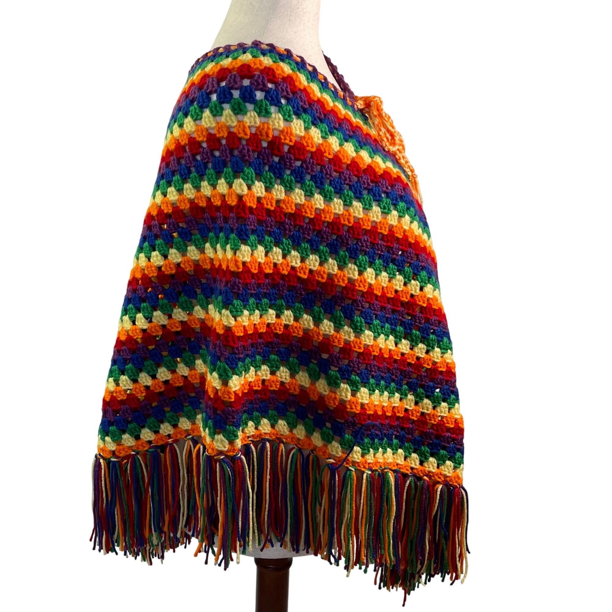 Handmade Crochet Poncho Fringed Rainbow Color Granny Square Stitch Un Size ONE SIZE - 5 Thumbnail