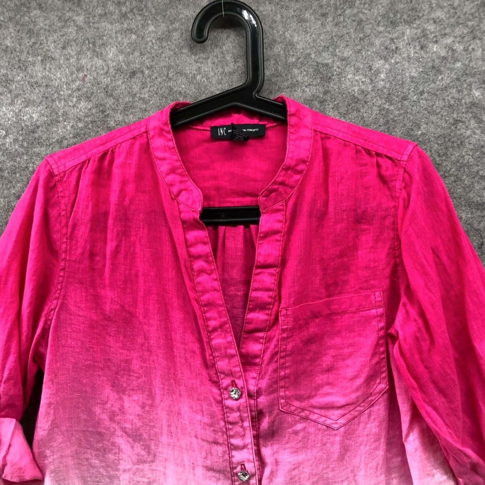 Vintage INC International Concepts Shirt Womens 6 Pink Tie Dye Tie Front 100% Linen 3/4 Sleeve Button Up Knit Brand: INC International Concepts Size M / US 6-8 / IT 42-44 - 3 Thumbnail
