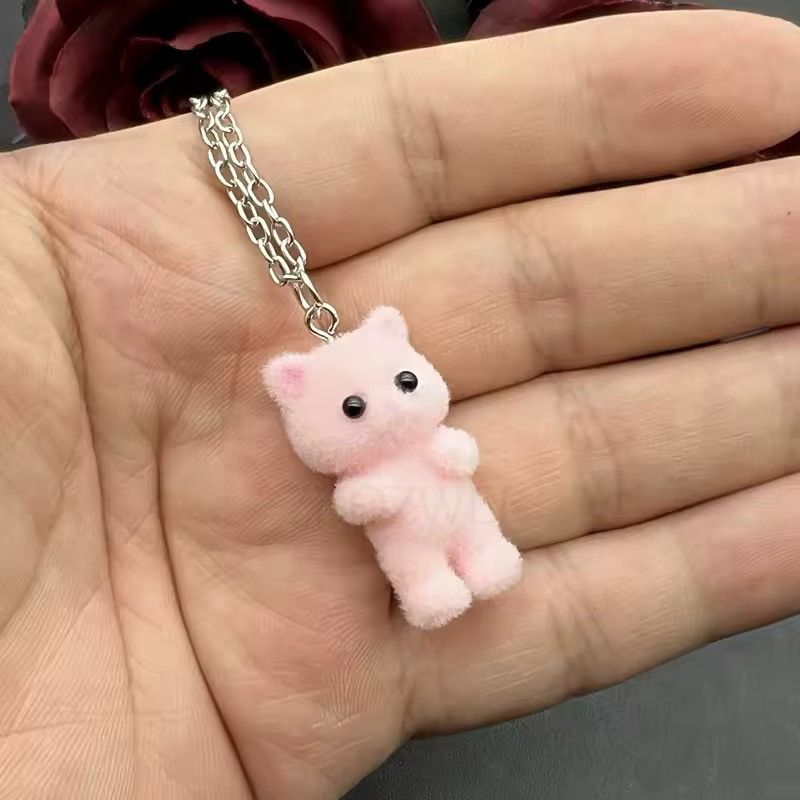 Vintage 3 Pcs Cartoon Flocking Cat Kawaii Necklace Keychains Size ONE SIZE - 3 Thumbnail