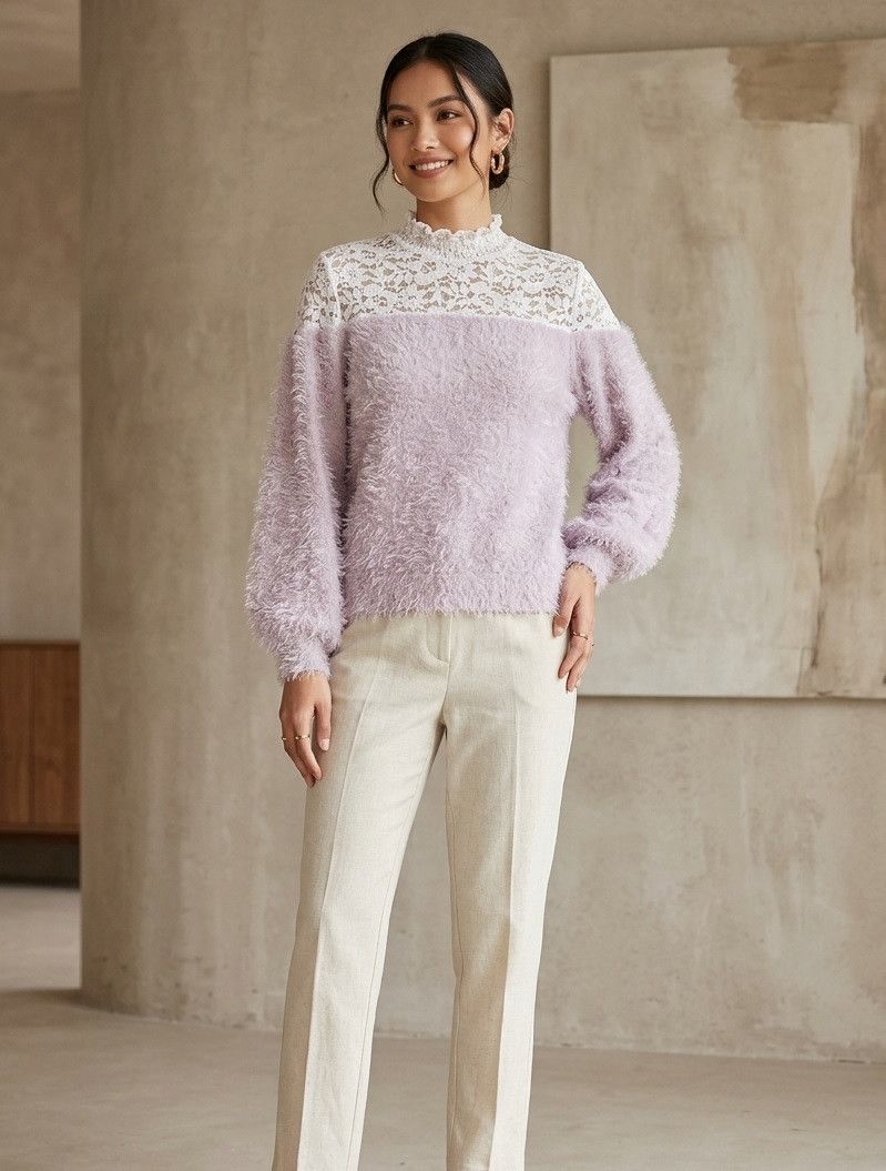 Japanese Brand ✨ Dreamy Minx Lace & Fluffy Knit Top – Size L ✨ Size M / US 6-8 / IT 42-44 - 1 Thumbnail