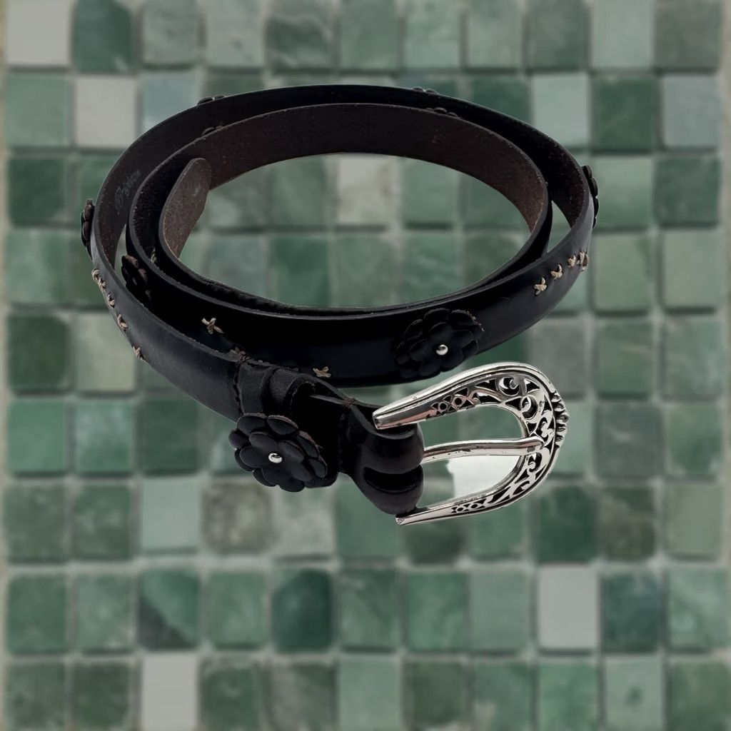 Brighton VINTAGE Brighton Belt Women Leather Brown Flower Stitch Raised Black 40 Size 40 B3118 Size ONE SIZE - 1 Thumbnail