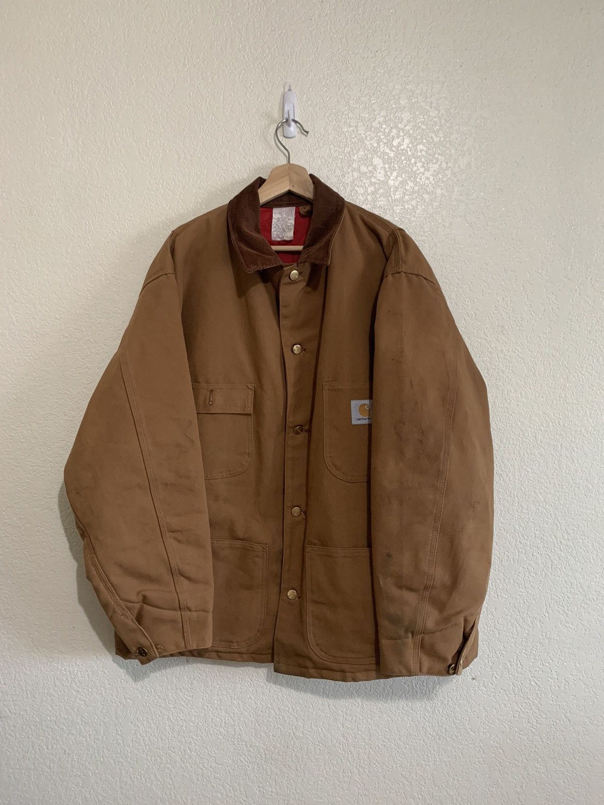 Image of 90's Carhartt Cadillac Grand Blanc Plt Canvas Chore Coat in Brown, Men's (Size XL)