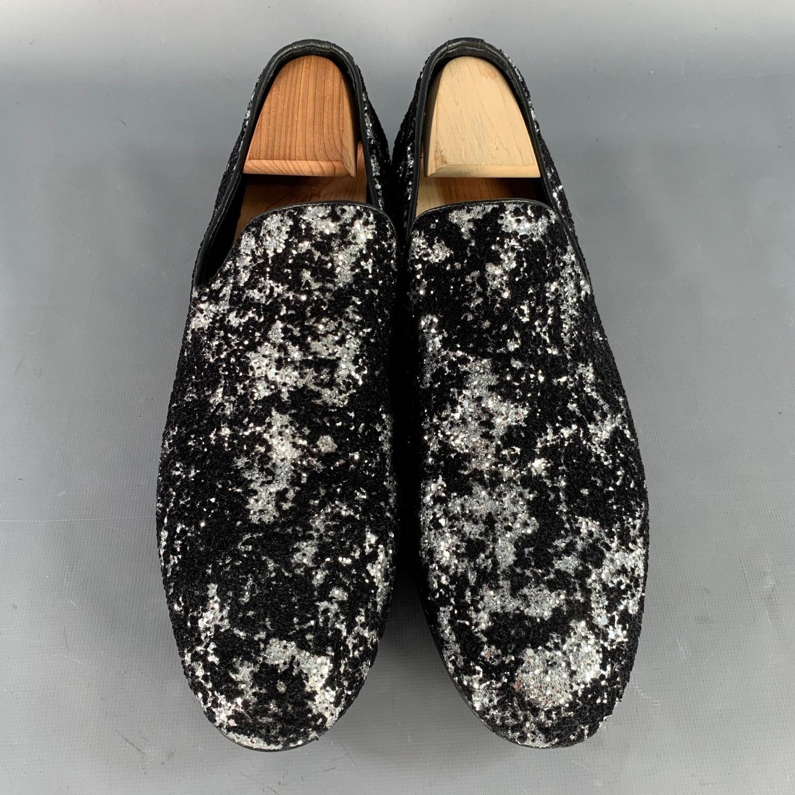 Jimmy Choo 11 Velvet Glitter Devore Sloan Black Silver Slip On Loafers Size US 11 / EU 44 - 4 Thumbnail