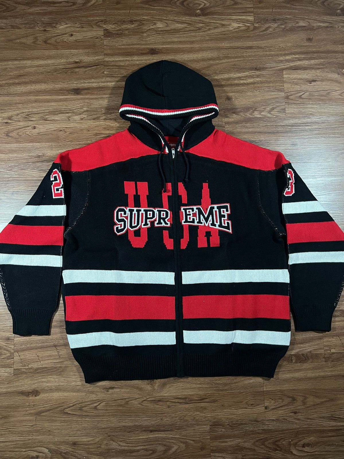 image of Hypebeast x Supreme Sports Hooded Sweater in Black/Red, Men's (Size XL)