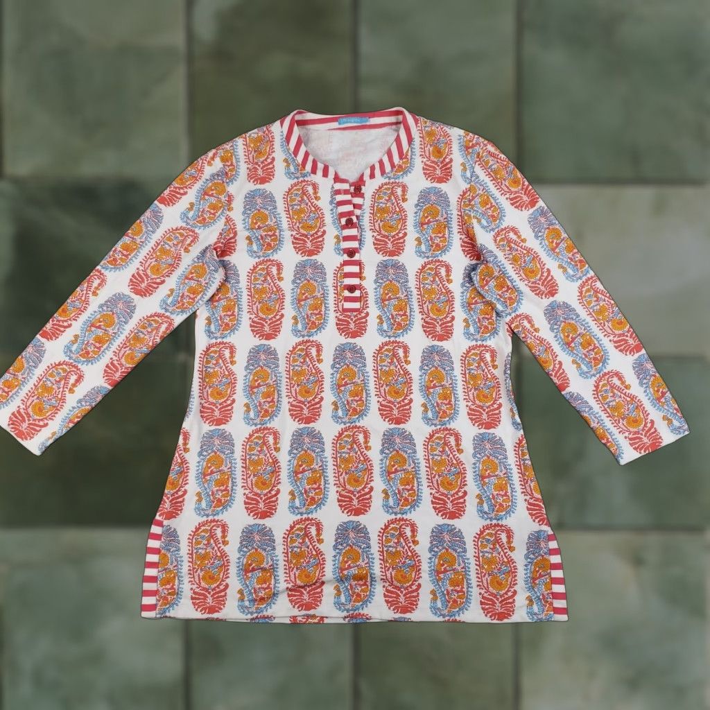 J.McLaughlin J McLaughlin Blouse Shirt Womens Medium Orange White Catalina Cloth Stretch Paisley Henley Pullover Casual Tunic Size M Nylon Spandex Size M / US 6-8 / IT 42-44 - 1 Thumbnail