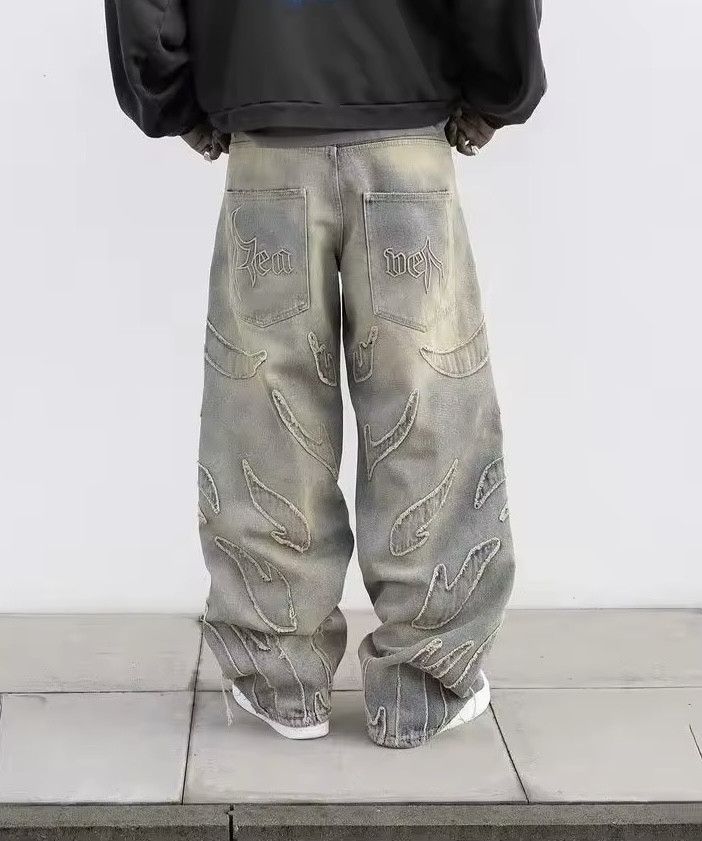 Jean × Vintage Harajuku Embroidered Flame Split Jeans Size US 29 - 2 Thumbnail