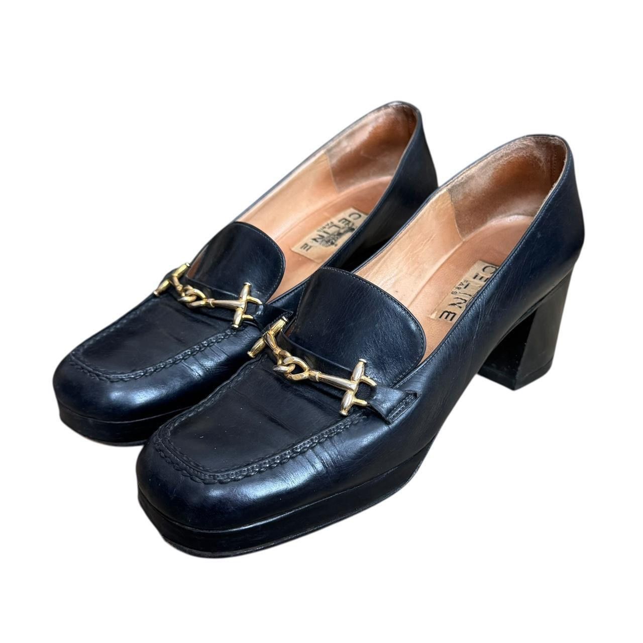 Celine × Vintage Celine Vtg 70s Loafers Navy Leather Gold
