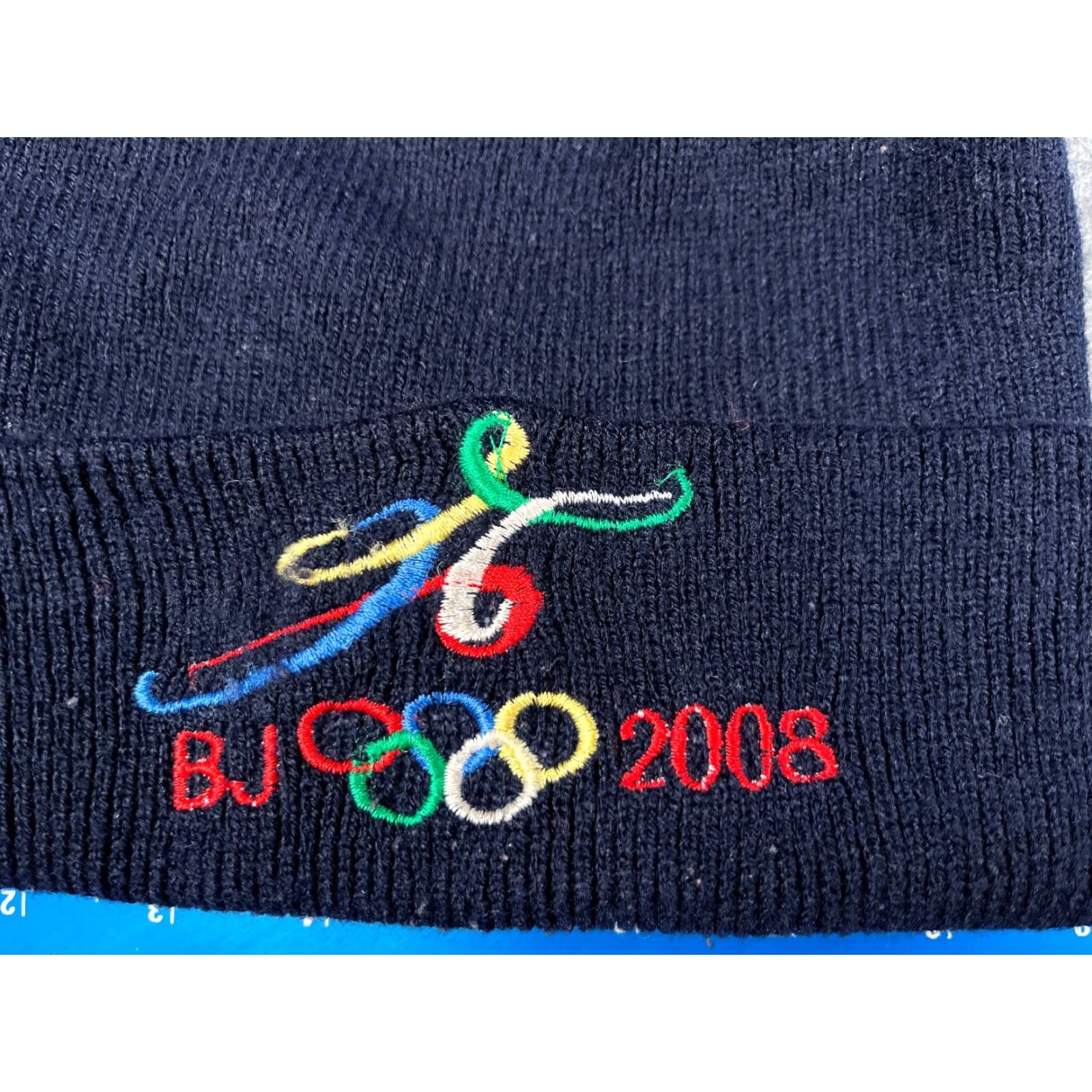 Vintage Beijing 2008 Summer Olympics Beanie Toque Adult Blue Knit Acrylic Embroidered Beanie Hats Mens Womens Unisex Adults Blue Olympic Sports 2000s Size ONE SIZE - 2 Thumbnail