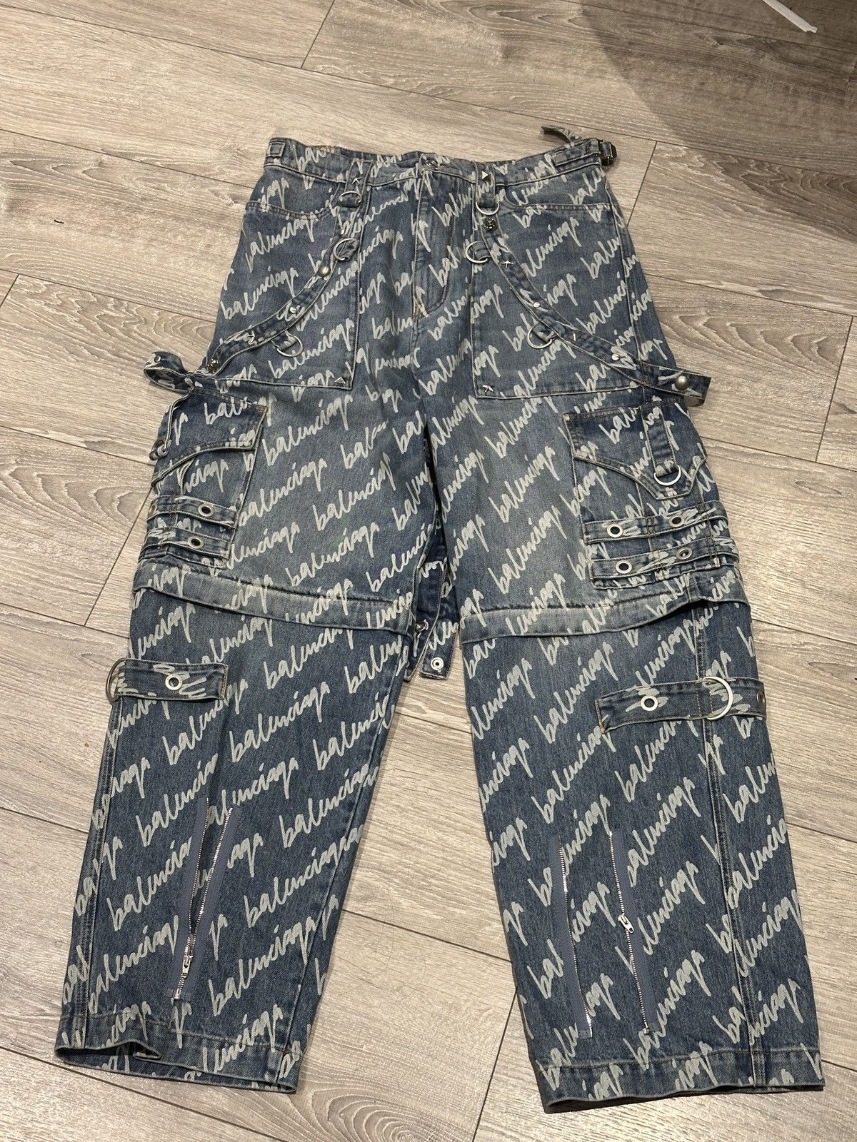 image of Balenciaga Cargo Denim Monogram Pants in Blue, Men's (Size 30)