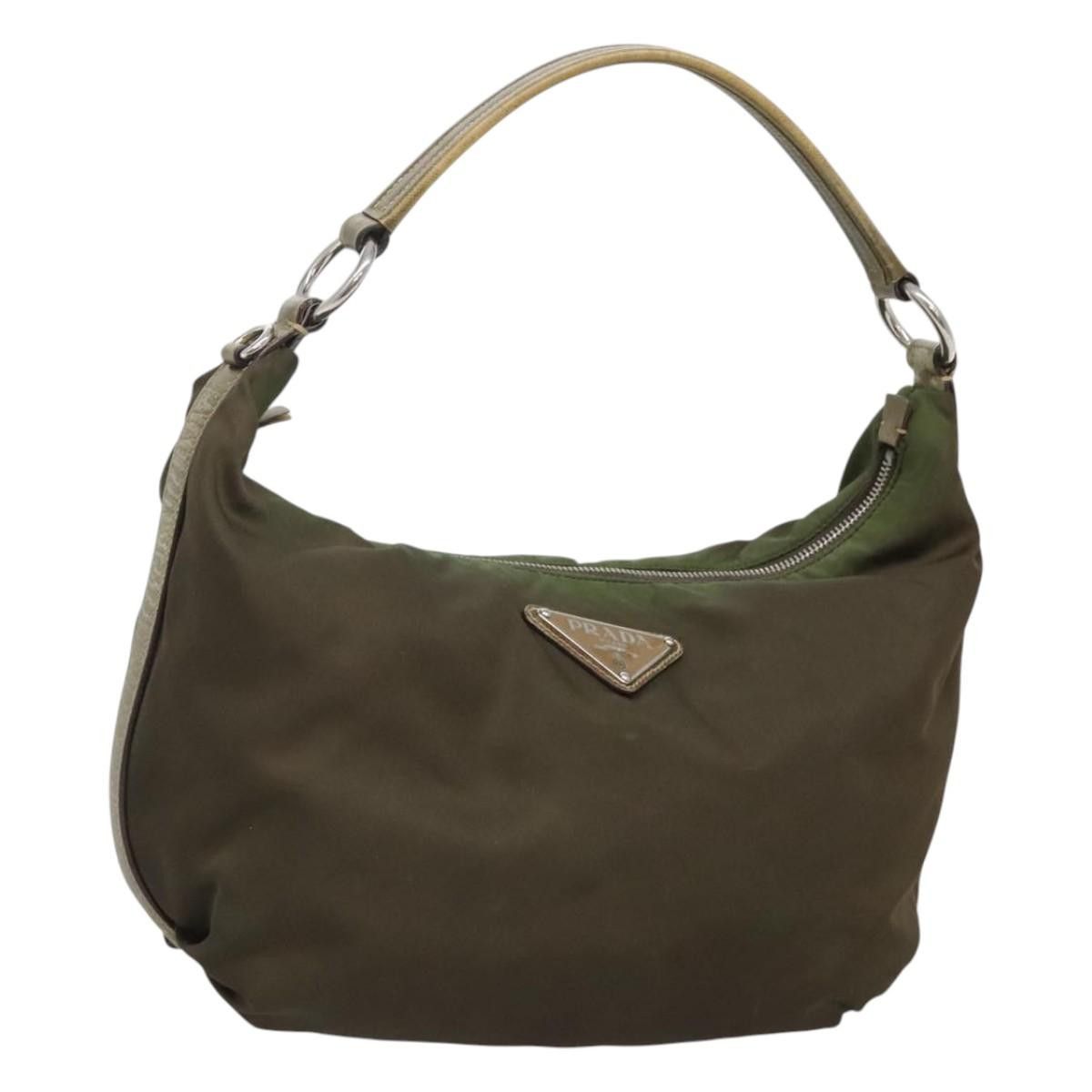 Prada Shoulder Bag Nylon Khaki Silver Auth 121654 in Khaki/Silver, Women's