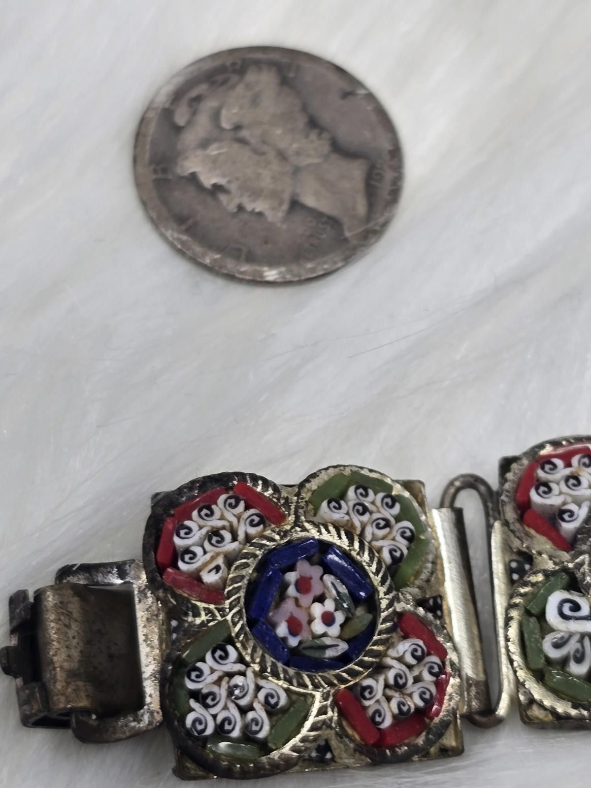 Other Vintage Italian Micro Mosaic Floral Panel Link Bracelet 7.5" Size ONE SIZE - 5 Thumbnail