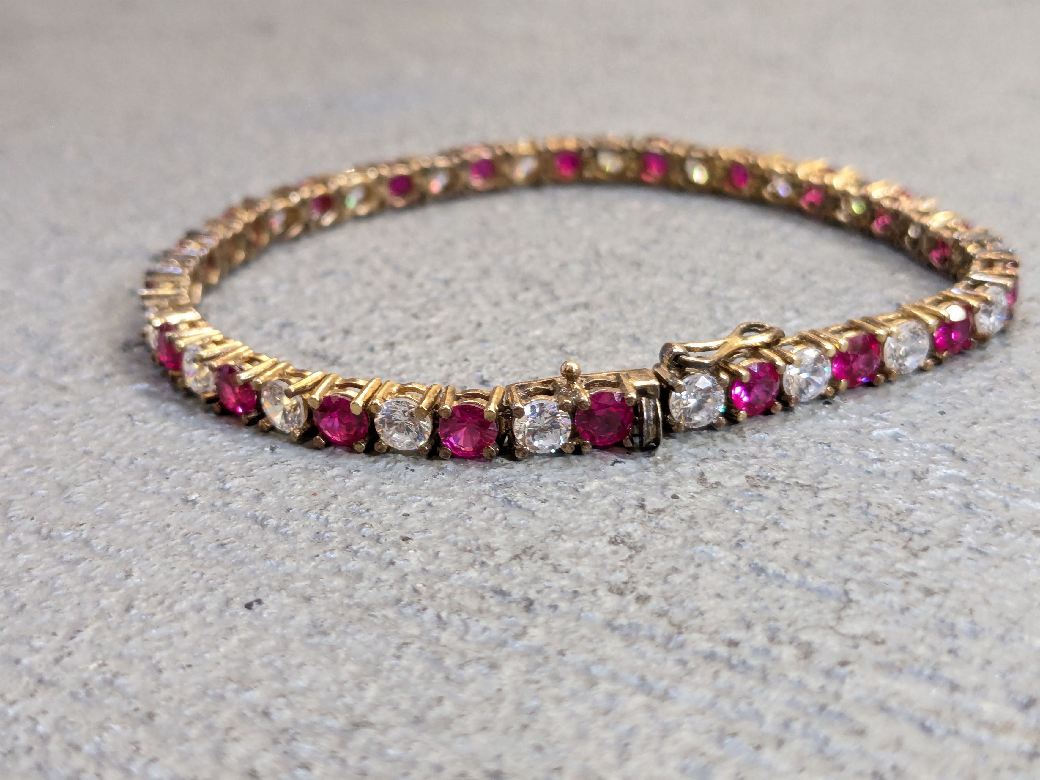 Jewelry Vintage Sterling Silver Bracelet 7.5" Red Ruby CZ Round Gold Size ONE SIZE - 2 Thumbnail