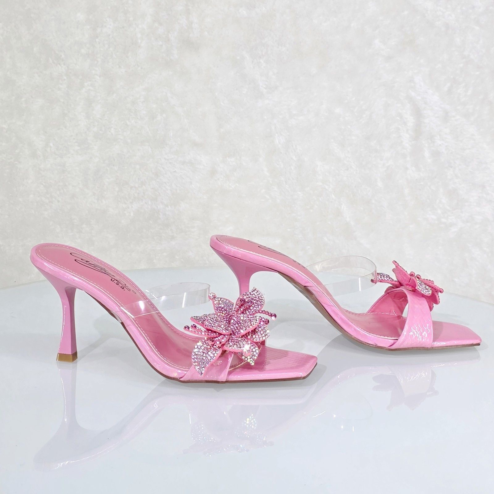 Other Lily Rhinestone Flower Pink Slip On 3.25" Heel Casual Evenin Size US 6.5 / IT 36.5 - 2 Thumbnail