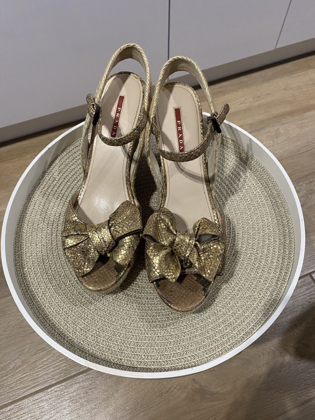 Prada Prada Bow Sandals with Ankle Strap Gold Snakeskin Leather Size US 11 / IT 41 - 1 Thumbnail
