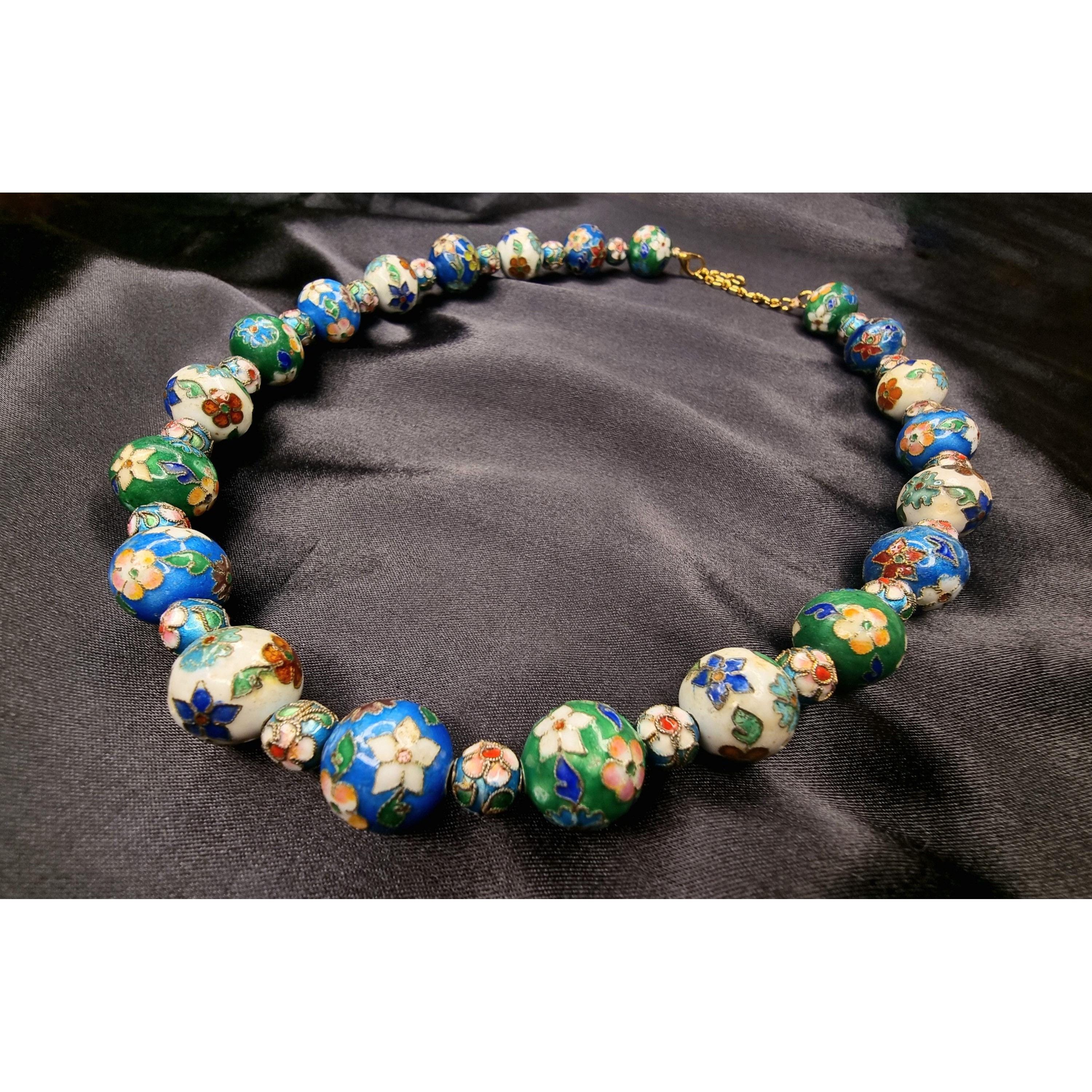 Vintage Vintage Asian Cloisonne Blue Green White Floral Flowers Bead Size ONE SIZE - 4 Thumbnail