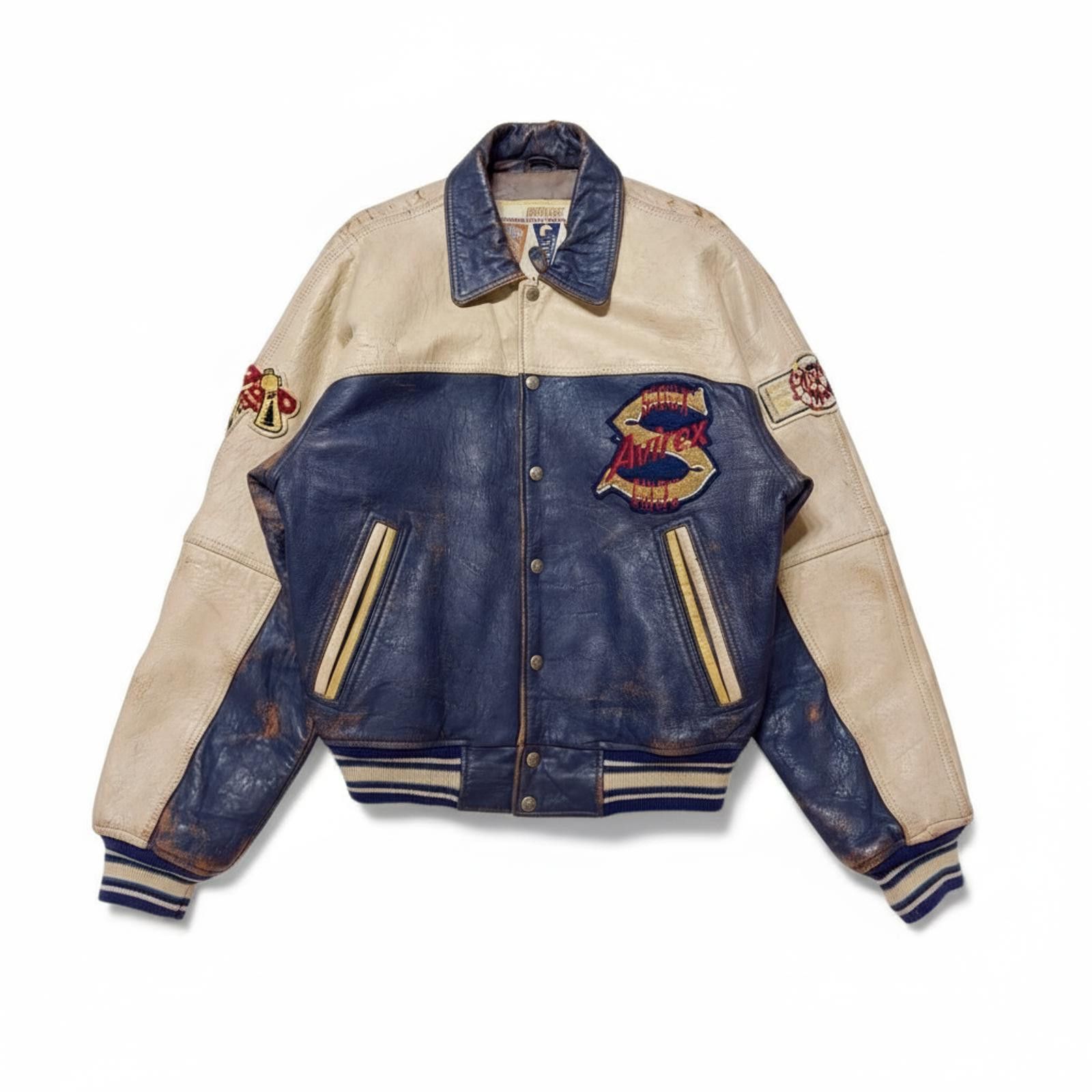 Avirex Avirex - S Vintage Blue Cream Leather Varsity Jacket Size US M / EU 48-50 / 2 - 1 Thumbnail