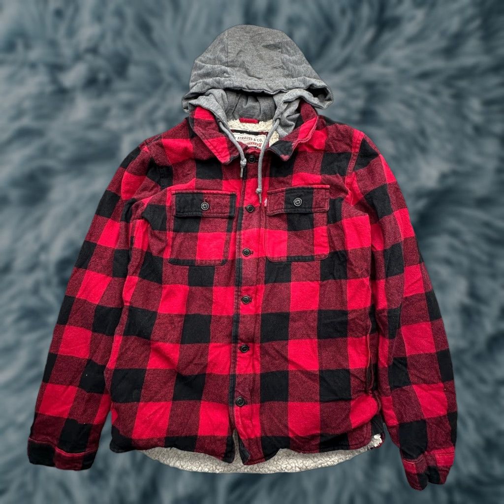 Levi's LEVIS Shacket Jacket Mens Small Cotton Buffalo Plaid Red Black Sherpa Lined Hoodie Fleece Size US S / EU 44-46 / 1 - 1 Thumbnail