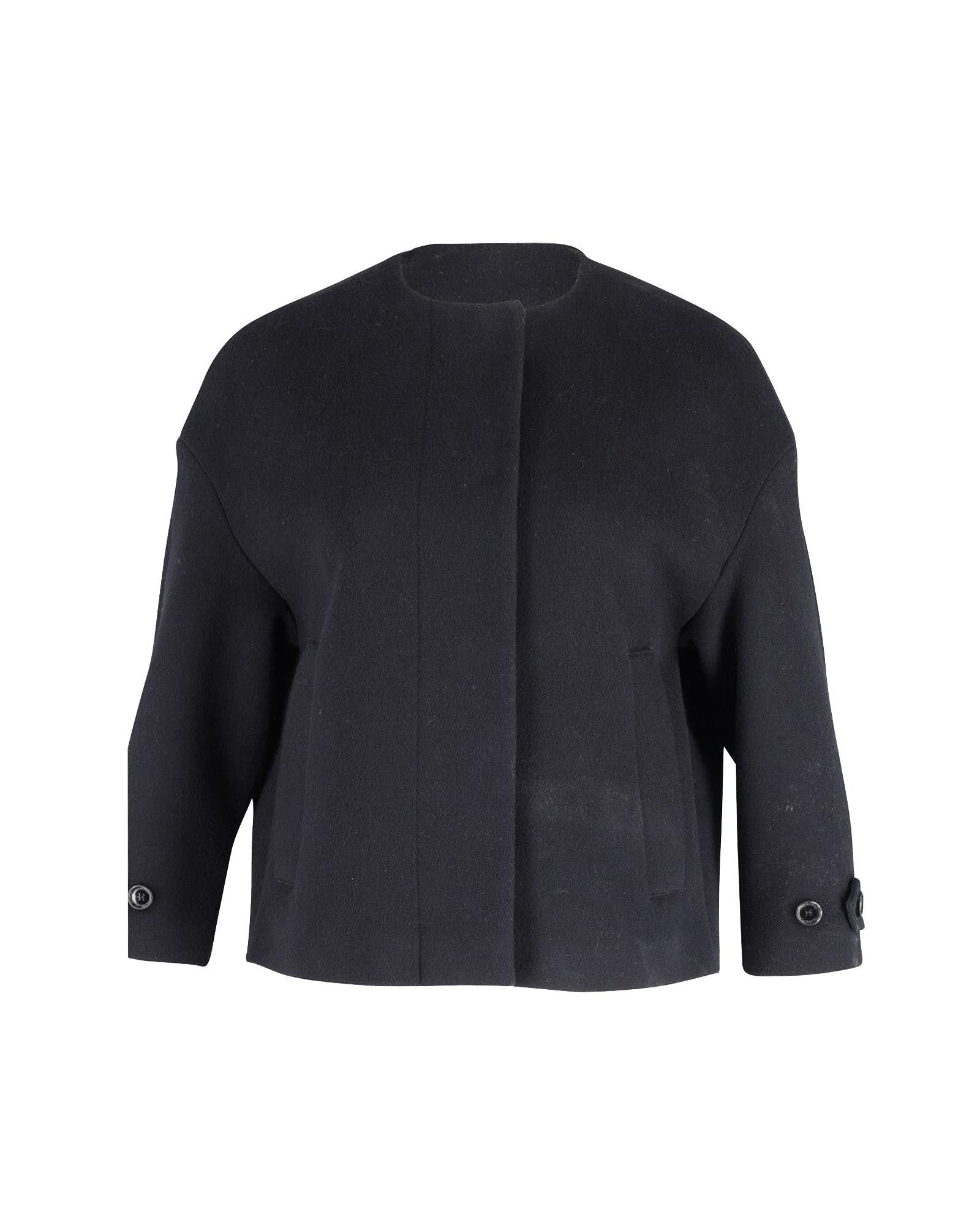image of Burberry Black Wool Cropped Jacket With Hidden Button Placket And Belt Back Buttons, Women's (Size 