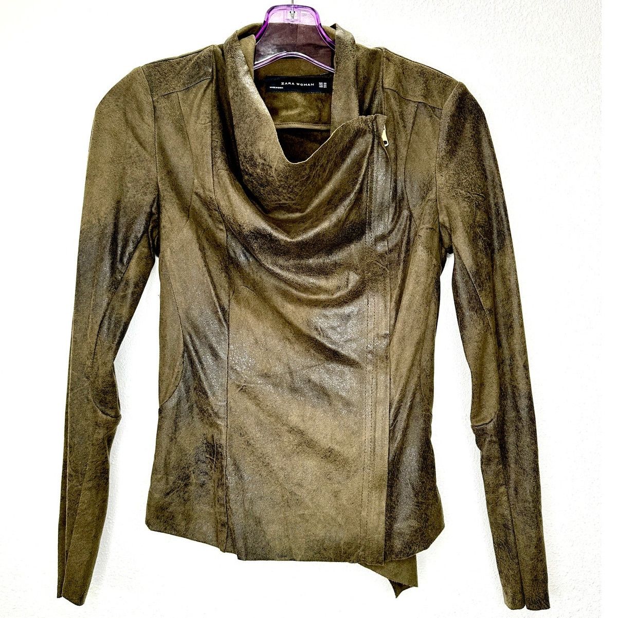 Zara Zara Olive Green Black Suede Side Zip Cowel Neck Jacket XS Size XS / US 0-2 / IT 36-38 - 2 Thumbnail