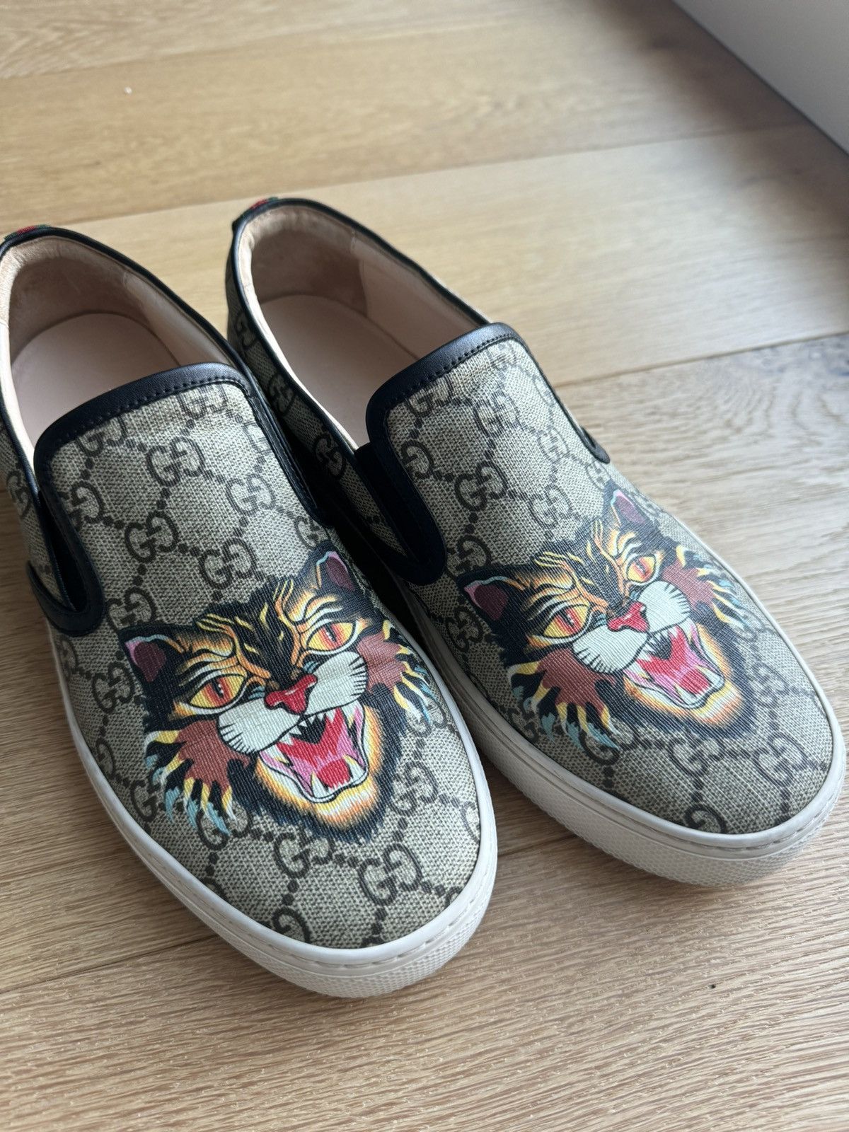 image of Gucci Angry Cat Slip-On Shoes in Beige, Men's (Size 8)