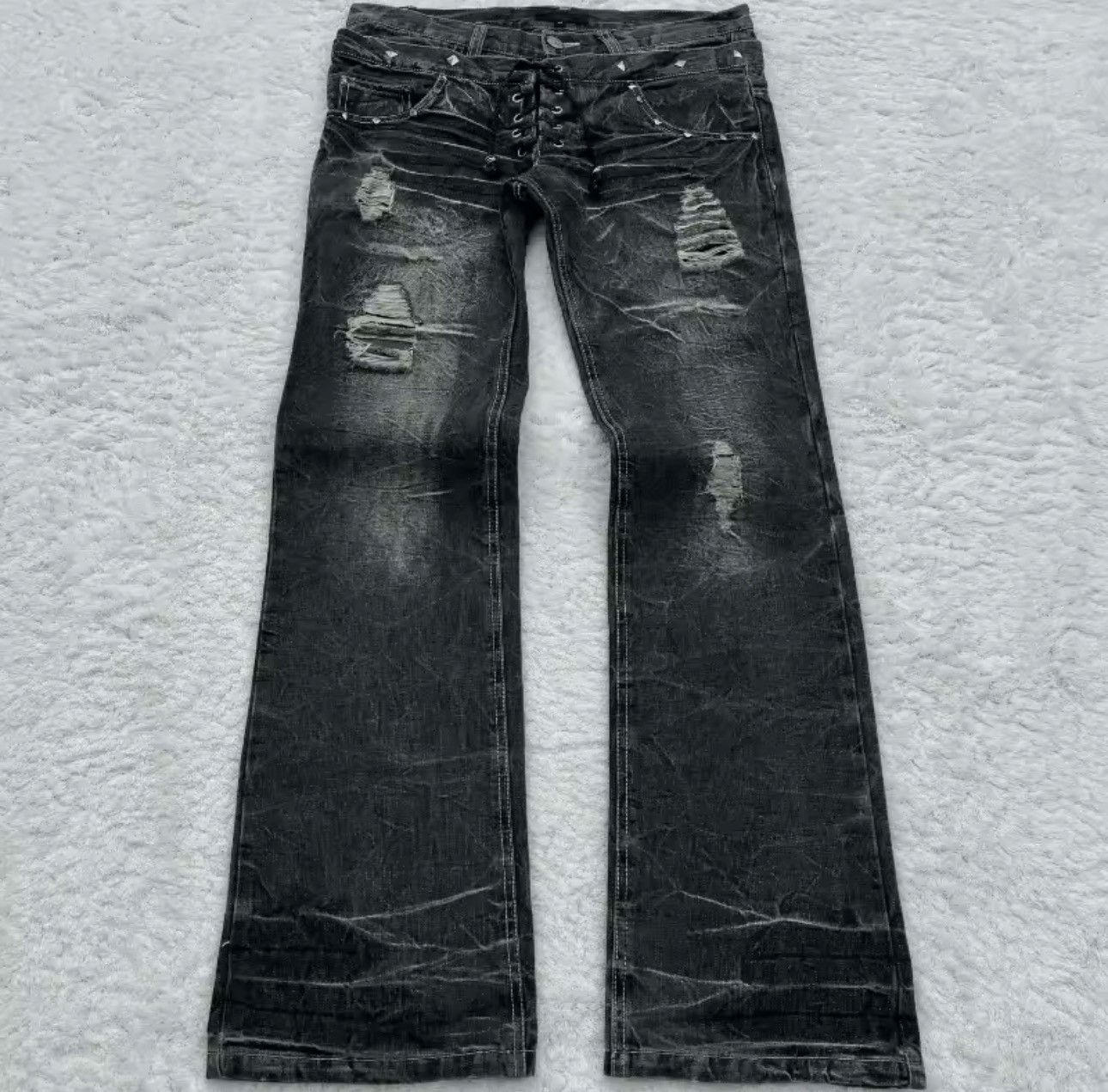 Jean Washed Black Design Vintage Style Distressed Hole Jeans Y2k Size US 30 / EU 46 - 3 Thumbnail