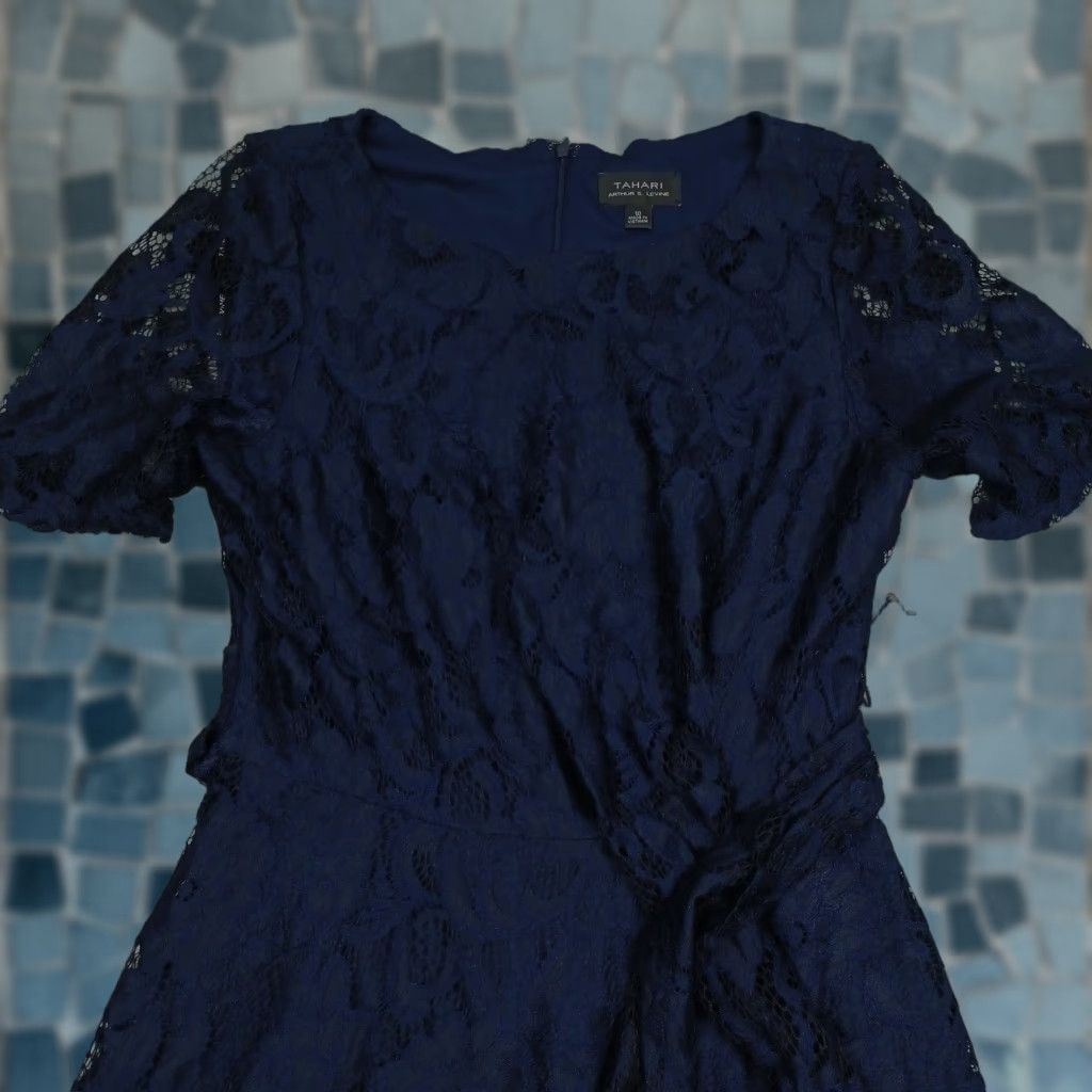 Tahari Dress Womens 10 Blue Floral Lace A-Line Short Sleeve Zip NWT Vintage No