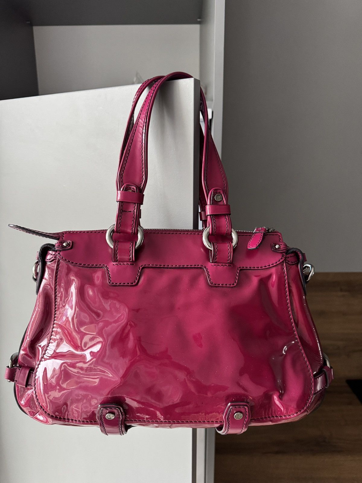 Celine Vintage Celine Pink Patent Leather Vinyl Handbag Size ONE SIZE - 5 Thumbnail