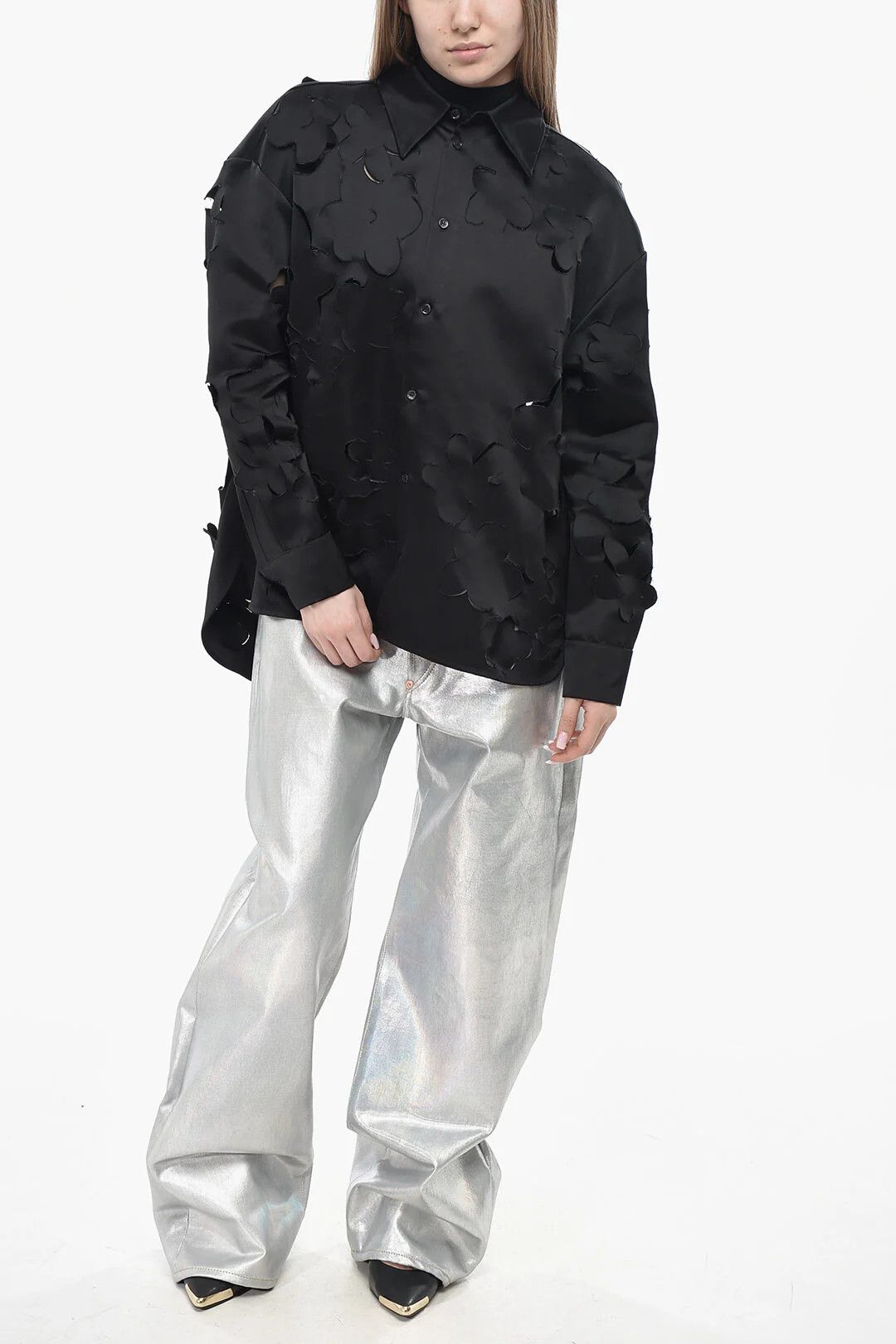 Marni og1mm0326 Floral Cut-Out Motif Satin Blouse in Black Size M / US 6-8 / IT 42-44 - 4 Thumbnail