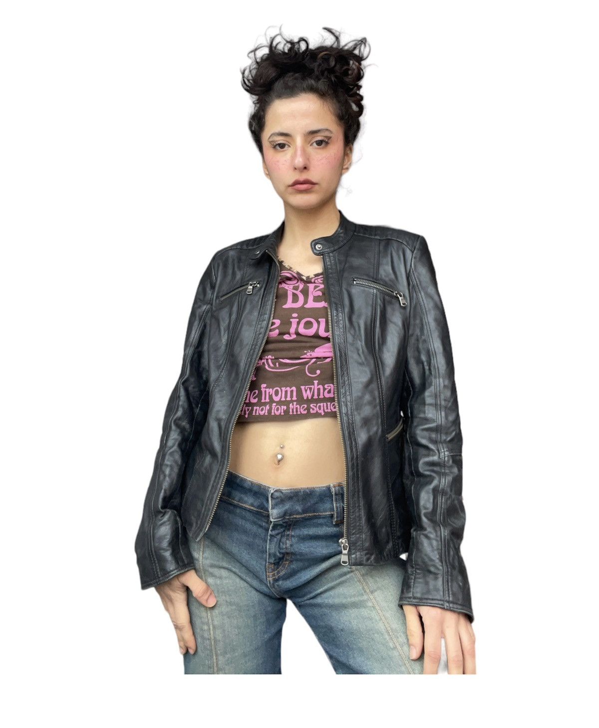 image of Vintage Y2K Leather Jacket in Black, Women's (Size XS)